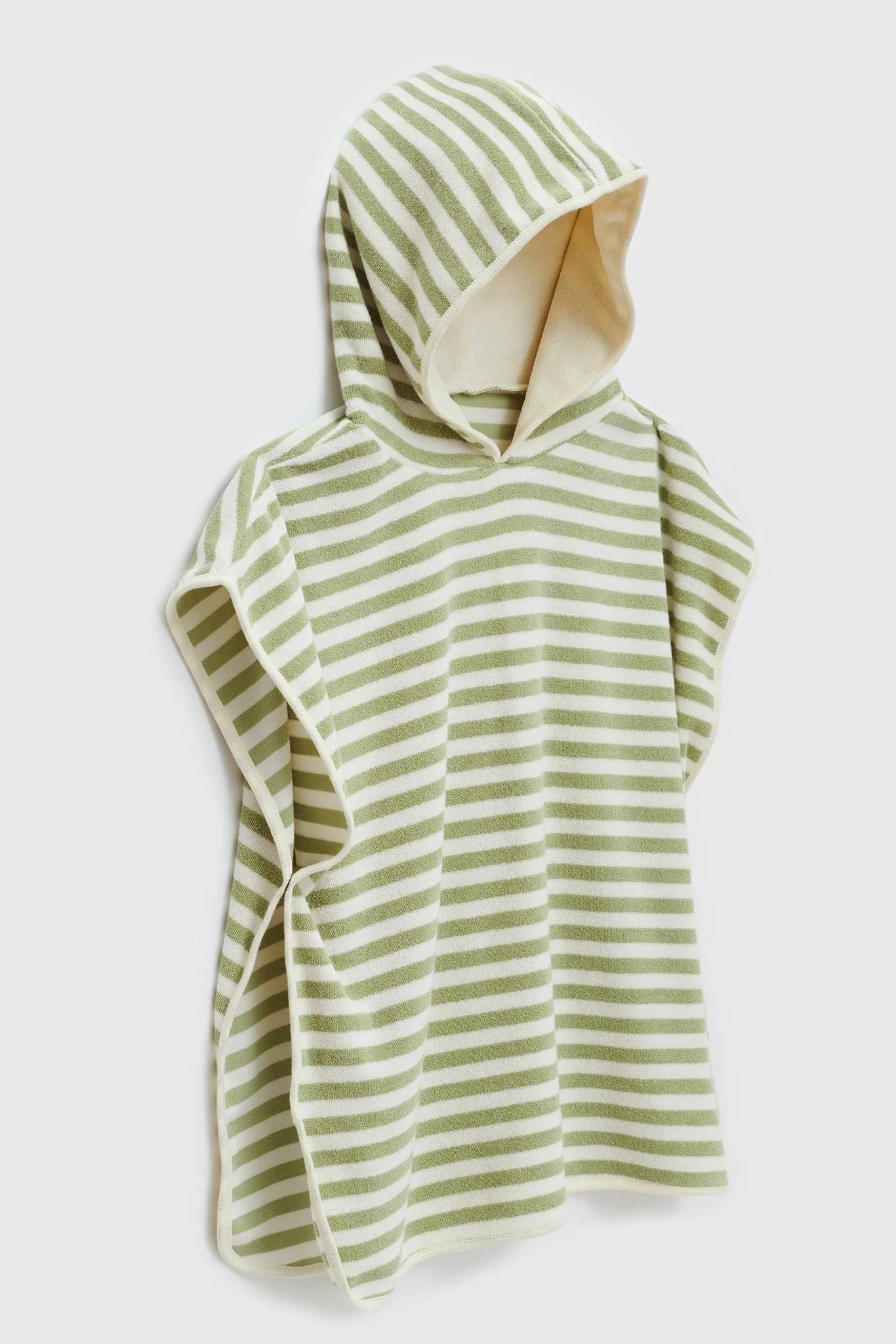 The SUNNYLIFE Kids Character Hooded Towel Into the Wild/Khaki, designed for children, is shown against a plain background. This green and white striped French Terry towel features a sleeveless poncho-style design, complete with a hood lined in soft, light-colored fabric.