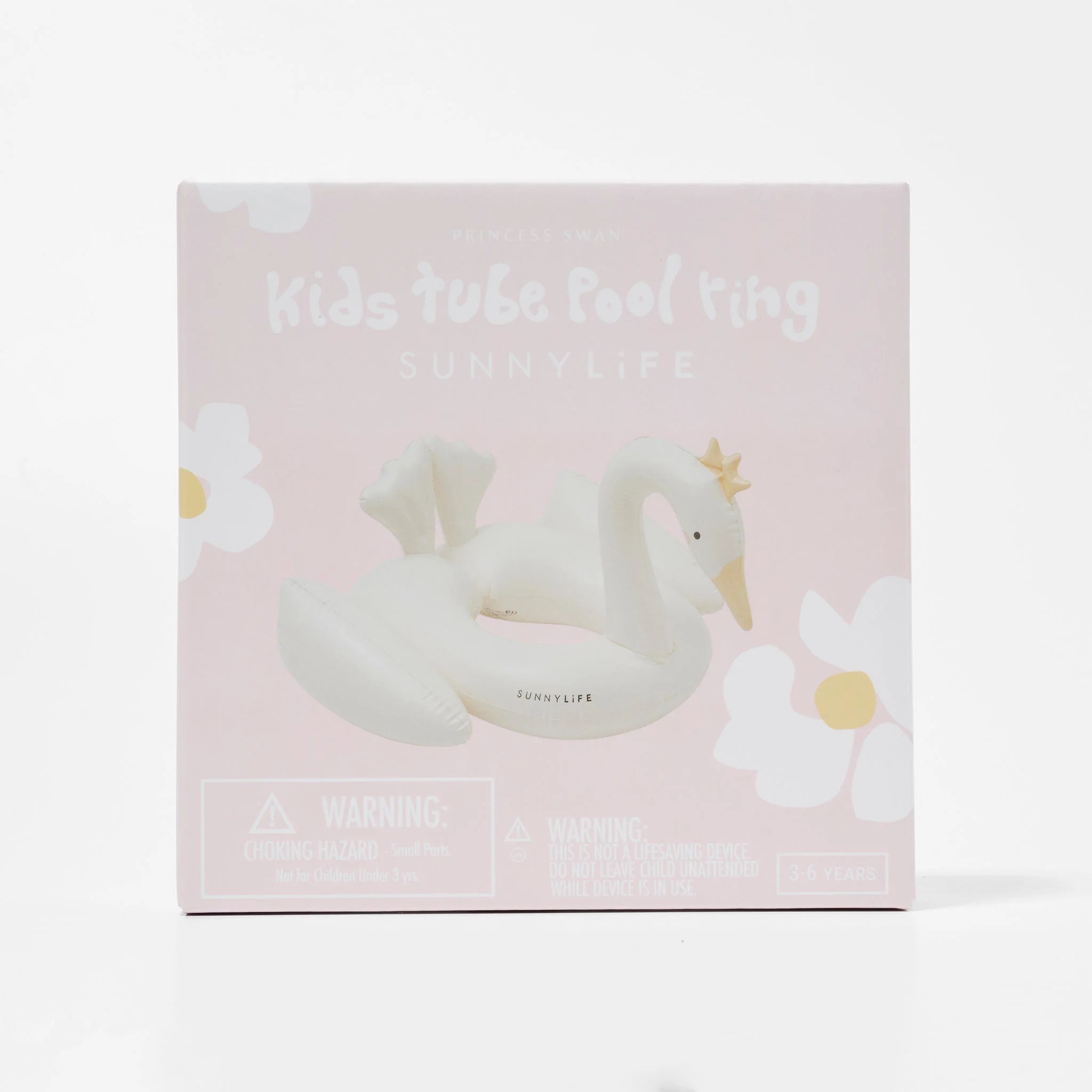 A product box for the "Kids Tube Pool Ring Princess Swan" by SUNNYLIFE features an image of a durable, inflatable swan-shaped pool ring. The box has a pale pink background with white and yellow flowers. Warning labels indicate choking hazards and age recommendations of 3-6 years. Made from non-toxic PVC.