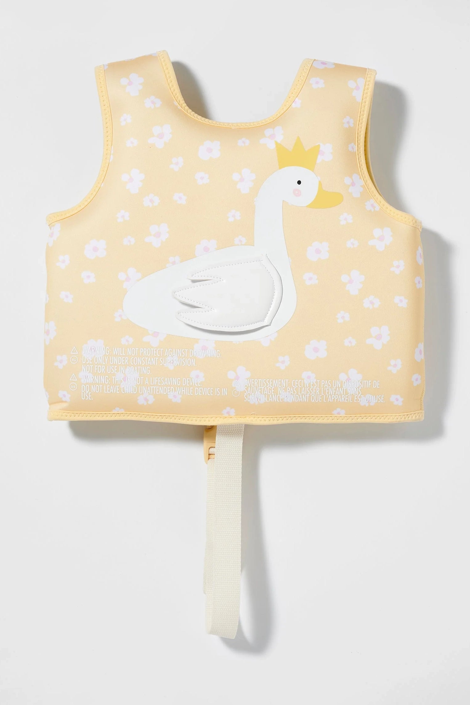 Introducing the SUNNYLIFE Kids Swim Vest Princess Swan/Buttercup: A delightful yellow swim vest for children, embellished with charming white and pink floral patterns. Made from durable neoprene, this vest features an adorable swan graphic crowned like royalty. Safety instructions are printed in clear white text, and an adjustable safety strap is included at the bottom for a secure fit.