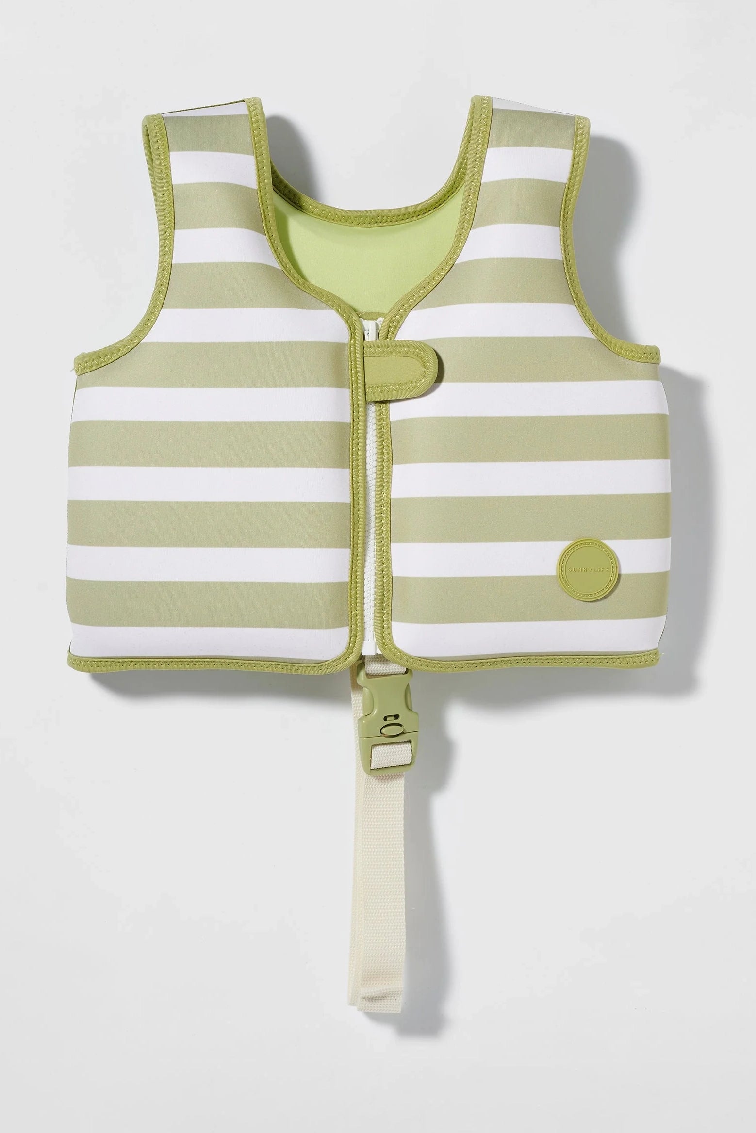 Introducing the SUNNYLIFE Kids Swim Vest Into the Wild/Khaki: a children's flotation vest with green and white horizontal stripes, a zippered front, and an additional plastic buckle for security. Constructed from durable neoprene, it features an adjustable safety strap below for extra fastening. The vest also includes a small circular patch on the side.