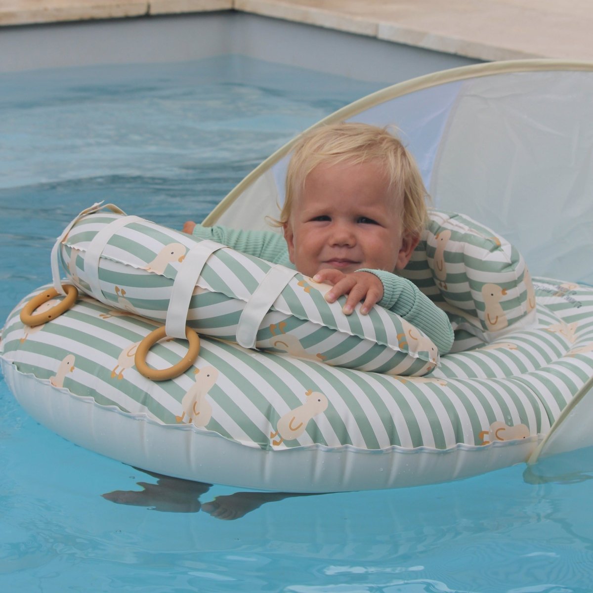 SUNNYLIFE Interactive Baby Float Duck Sage Stripe lifestyle shot
