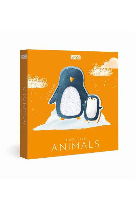 The orange cover of "Touch & Feel: Animals" by SASSI displays an illustration of two penguins on ice, providing insight into their natural environment. The larger penguin is adorned with a soft, white texture to enrich the sensory experiences for young readers.