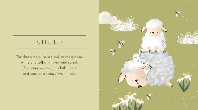 An illustration from the SASSI Touch & Feel: Animals features a peaceful scene of a sheep resting on its side among flowers, with a small lamb atop its back. Bees buzz around them, adding to the sensory experience. The background is lush green with fluffy clouds. On the left, text describes the sheep as resembling a gentle cloud, sweetly relaxing with its lamb in their natural environment.