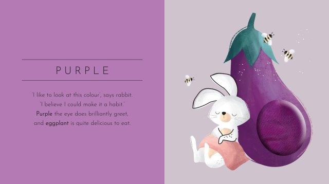 In the book "Touch & Feel: Colours" by SASSI, a charming illustration features a white rabbit with closed eyes and crossed paws sitting beside a large purple eggplant, surrounded by hovering bees. Textured details enhance the vibrant colors, emphasizing the rabbit's affinity for purple and the eggplant's distinct flavor.