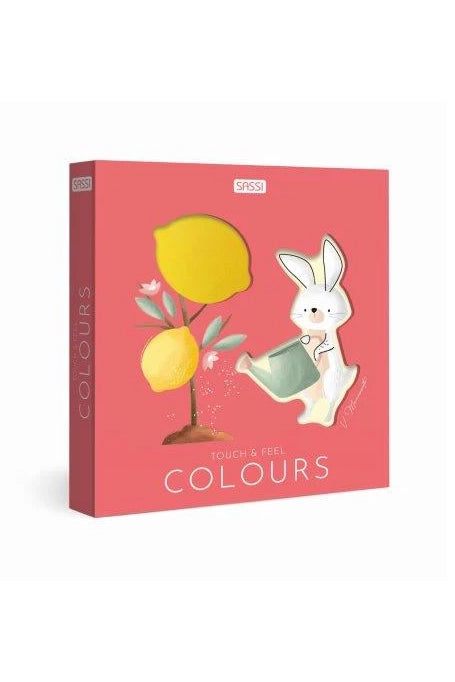 The children's book "Touch & Feel: Colours" by SASSI has a pink cover showcasing a white rabbit watering a lemon tree with a can. As part of the interactive "Touch & Feel" series, it provides tactile learning through textured inserts for an engaging experience.