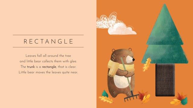 Illustration of a bear with a scarf raking leaves by a tree. Text on the left reads: "TOUCH & FEEL: SHAPES by SASSI. Amidst the cascading leaves, little bear joyfully gathers them in this interactive book. The trunk is clearly shaped like a rectangle, and little bear moves the leaves close by.