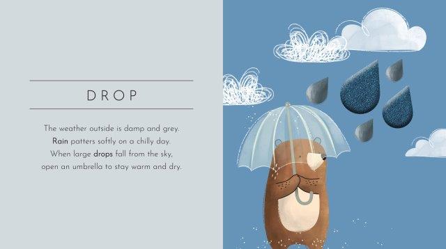 A delightful scene featuring a whimsical beaver with a transparent umbrella under a rainy sky decorates the SASSI interactive book, "Touch & Feel: Shapes." White, teardrop-shaped raindrops and clouds are sprinkled over the blue background, encouraging young readers to discover the enchantment of a rainy day.