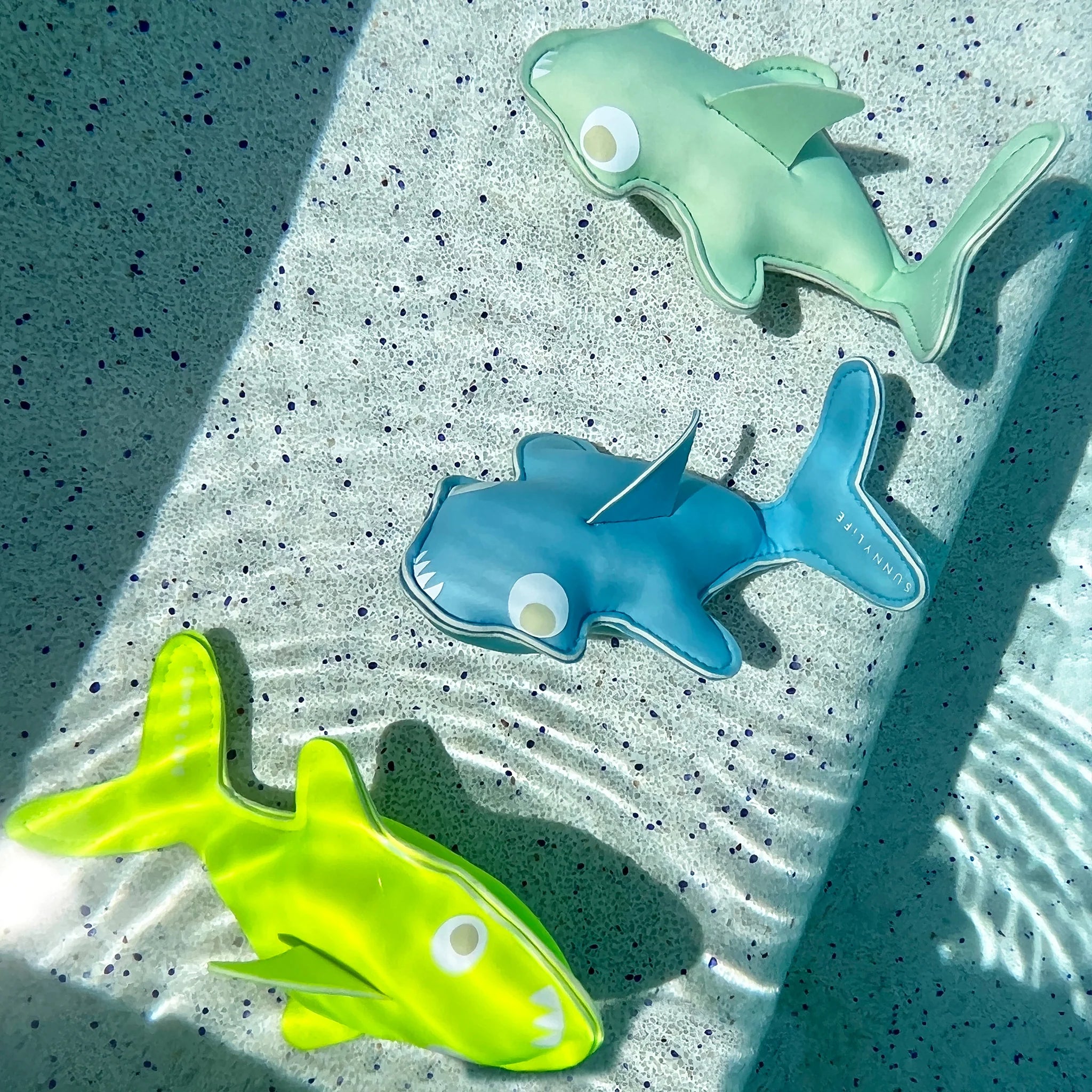 Three vibrant shark-shaped toys from the SUNNYLIFE brand's Salty the Shark Dive Buddies set, one in green, one in blue, and one in teal, float underwater in a swimming pool. Constructed from durable neoprene, they're ideal for improving children's diving skills. The speckled pool floor adds texture while sunlight creates ripples and reflections on the water's surface.