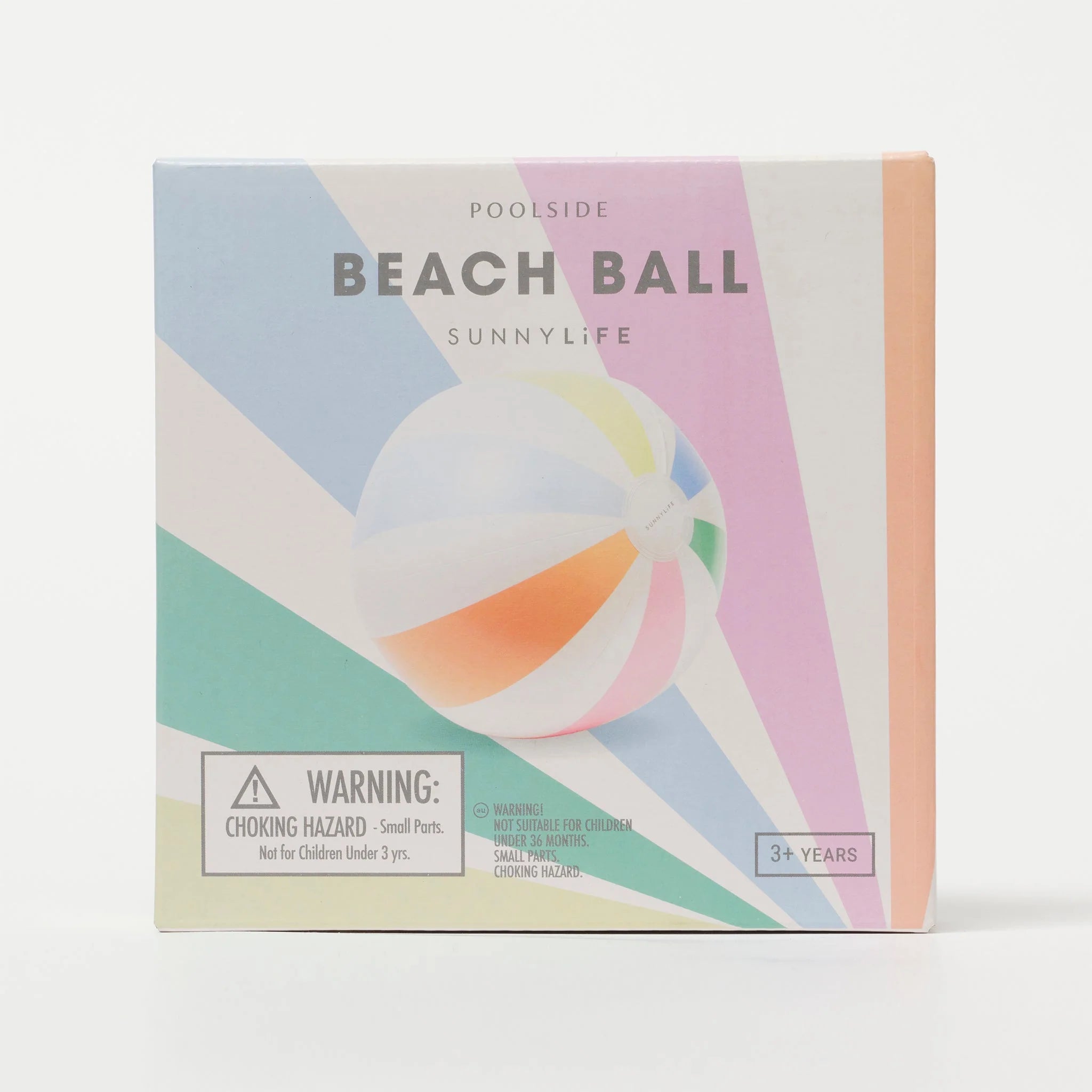 A product package showcasing a vibrant, striped beach ball crafted from durable PVC. The box is labeled "SUNNYLIFE Inflatable Beach Ball Pastel Gelato" and includes a warning about choking hazards, indicating it's suitable for ages 3 and up. The background features soft pastel-colored stripes, ideal for SUNNYLIFE floats.