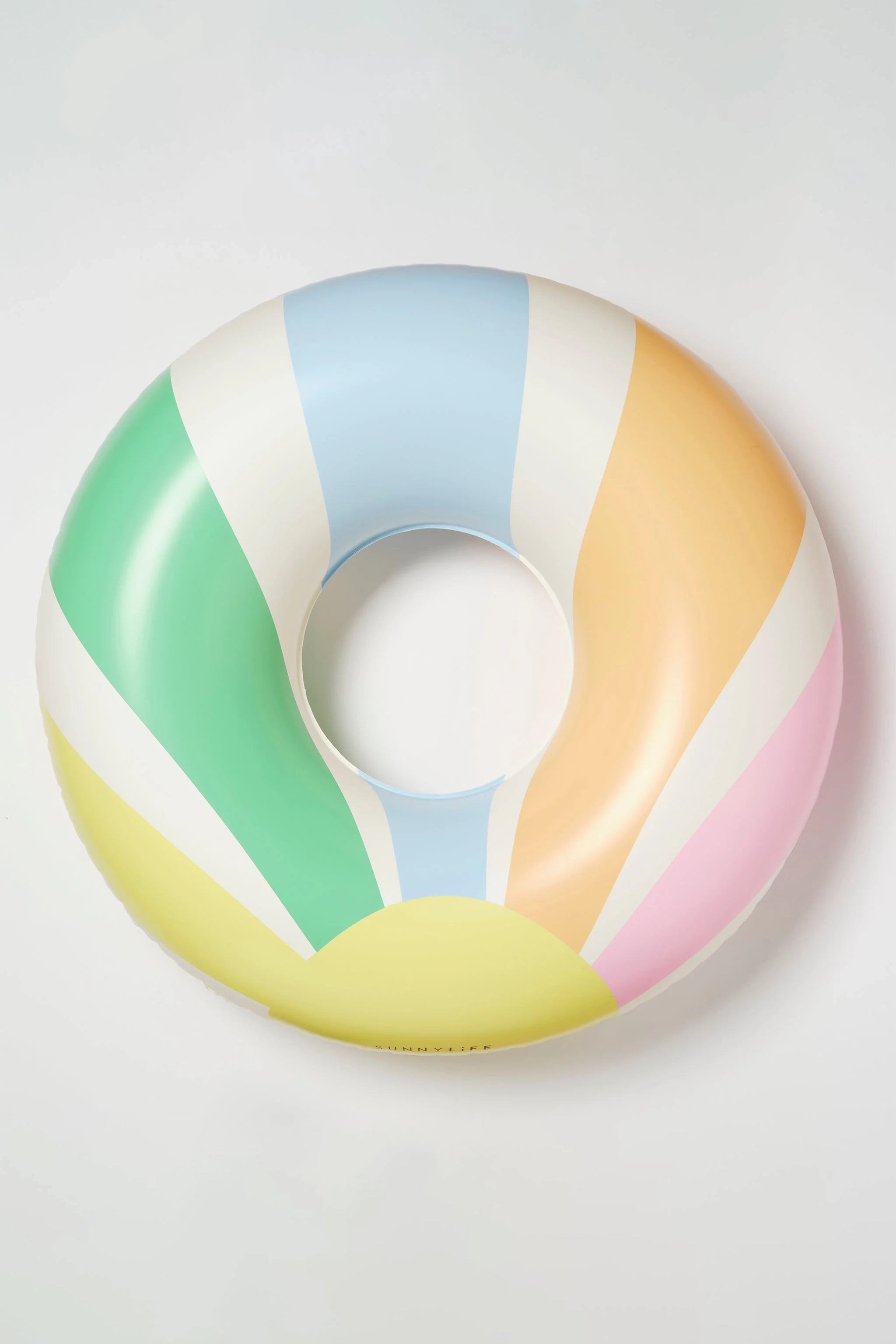 The Tube Float Pastel Gelato from SUNNYLIFE is a round inflatable swim ring, adorned with pastel-colored sections in green, blue, yellow, pink, and white. It is crafted from durable PVC and phthalate-free materials and is featured against a light-colored background.