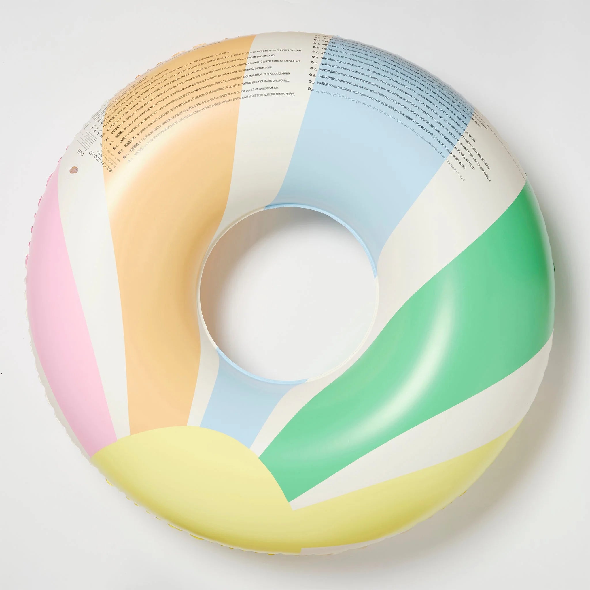 The SUNNYLIFE Tube Float Pastel Gelato is an inflatable swim ring featuring pastel-colored segments in shades of pink, peach, green, blue, and yellow arranged in a radial pattern. Crafted from durable PVC and phthalate-free, this float is shown on a plain white background with text printed along the top curve.