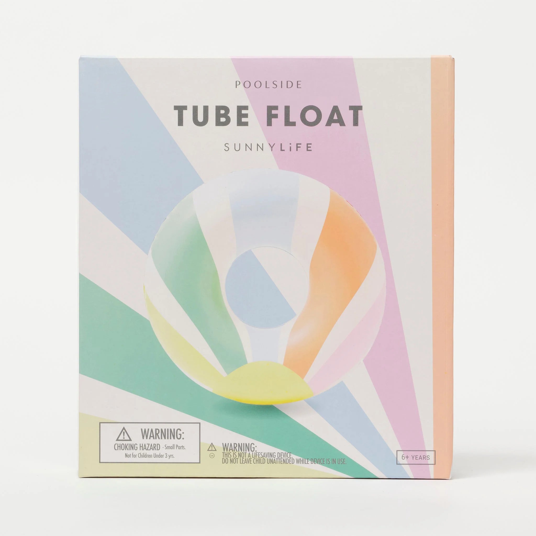 Image of a pastel-colored box containing a "SUNNYLIFE Tube Float Pastel Gelato." The box shows a circular float with light stripes and includes warning labels about choking hazards. Made from durable PVC, this phthalate-free float is suitable for ages six and up.