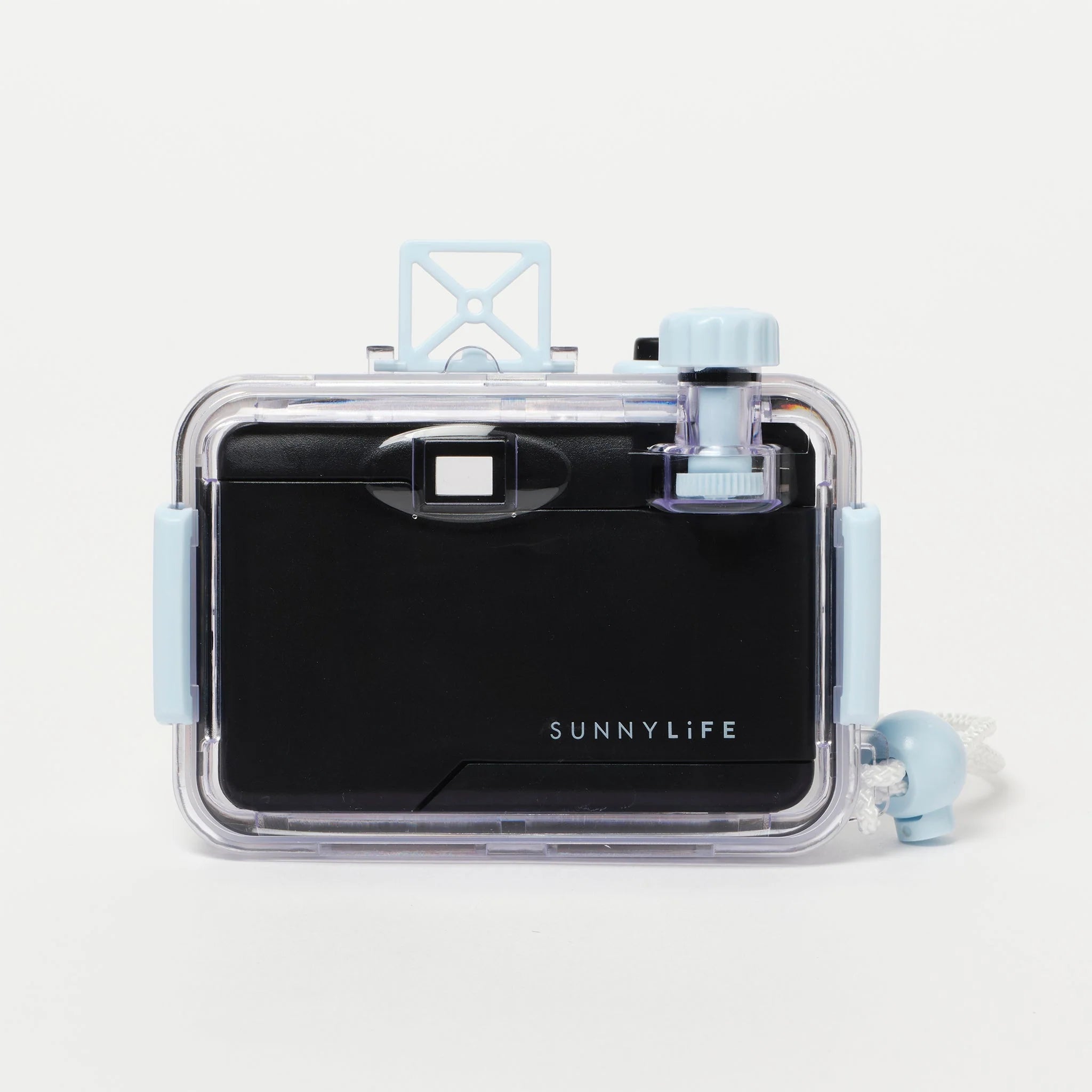 The SUNNILIFE Underwater Camera Pastel Gelato features a light blue lens, shutter release, and other controls encased in a clear, light blue waterproof housing with a secure closure latch and strap. Perfect for 35mm roll negative film, the detachable waterproof casing ensures durability against the elements.