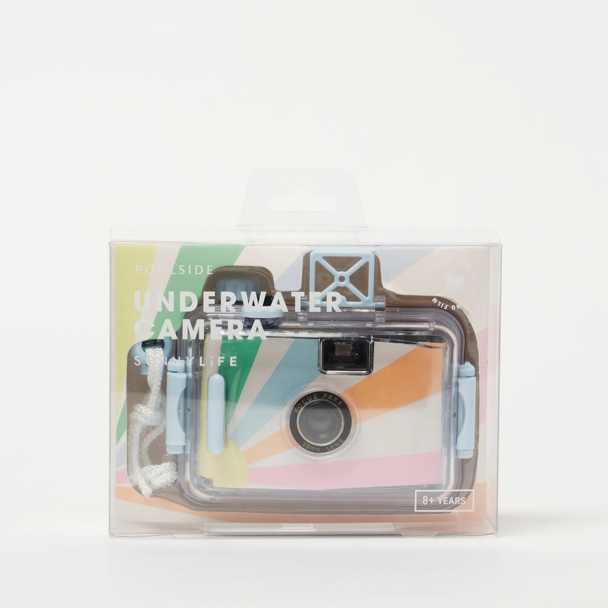 A boxed Underwater Camera Pastel Gelato from SUNNYLIFE, encased in clear plastic packaging. The camera boasts a vibrant backdrop featuring shades of orange, green, and white with the text "POOL SIDE UNDERWATER CAMERA 8+ YEARS" prominently displayed. This nostalgic waterproof film camera includes a detachable waterproof casing and is designed for use with 35mm roll negative film.