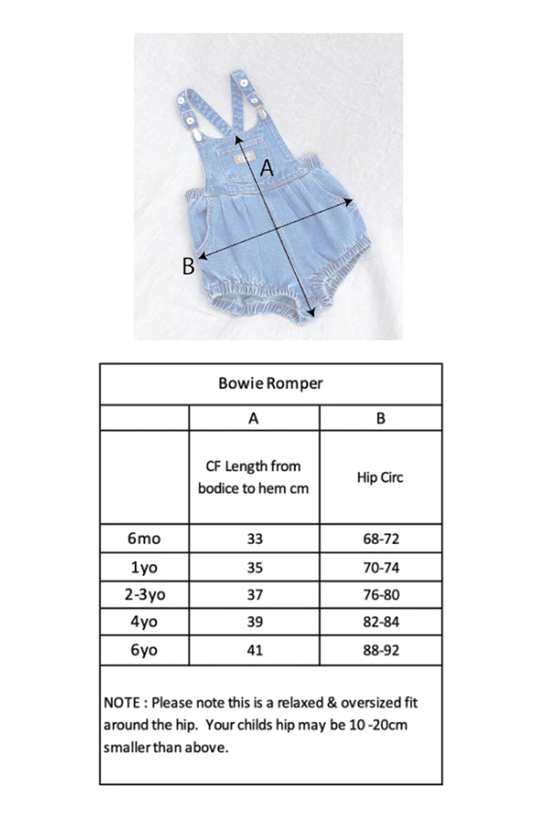 Size chart for Bowie Bubble Romper