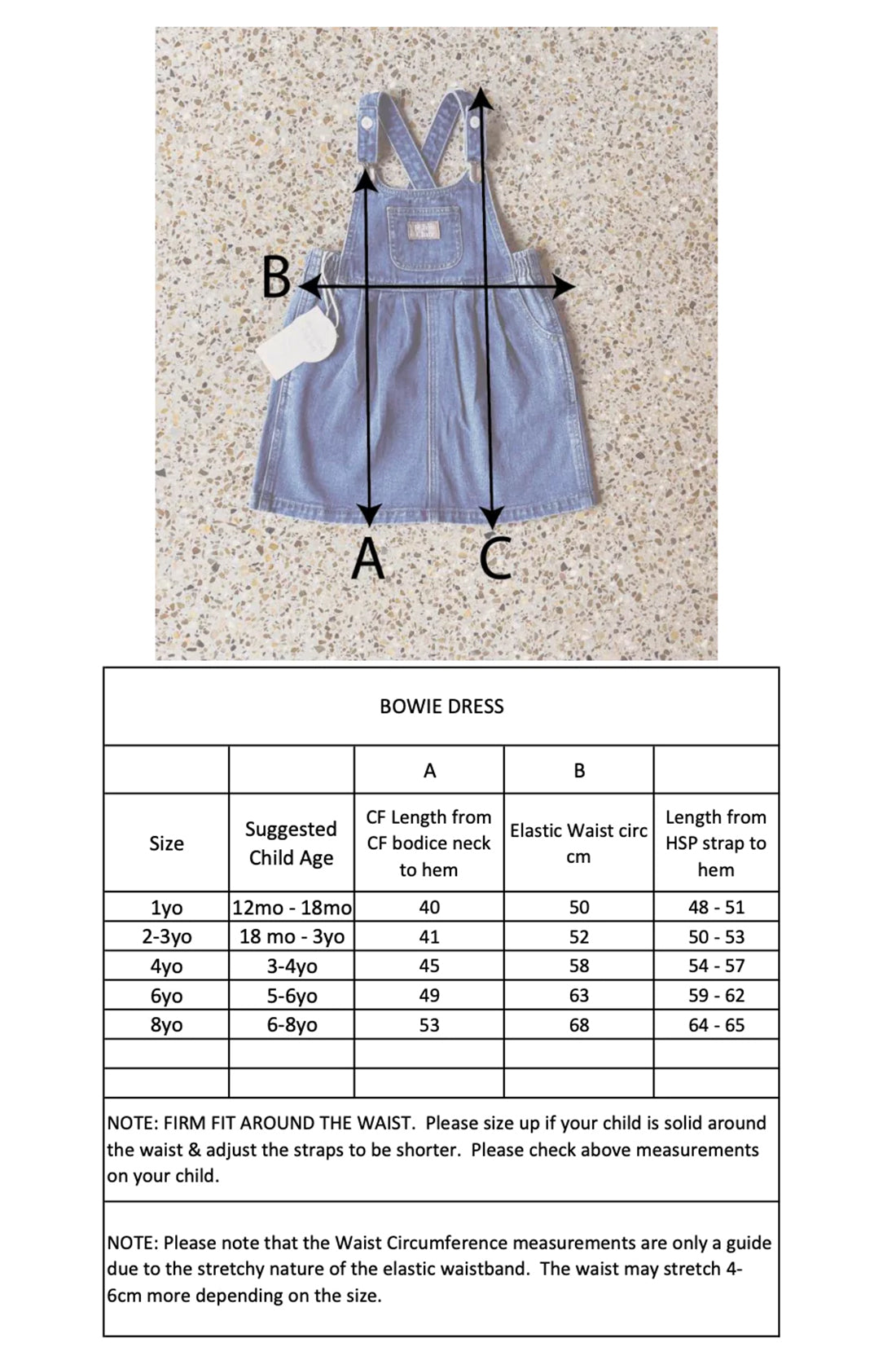 Size chart for Bowie Denim Dress