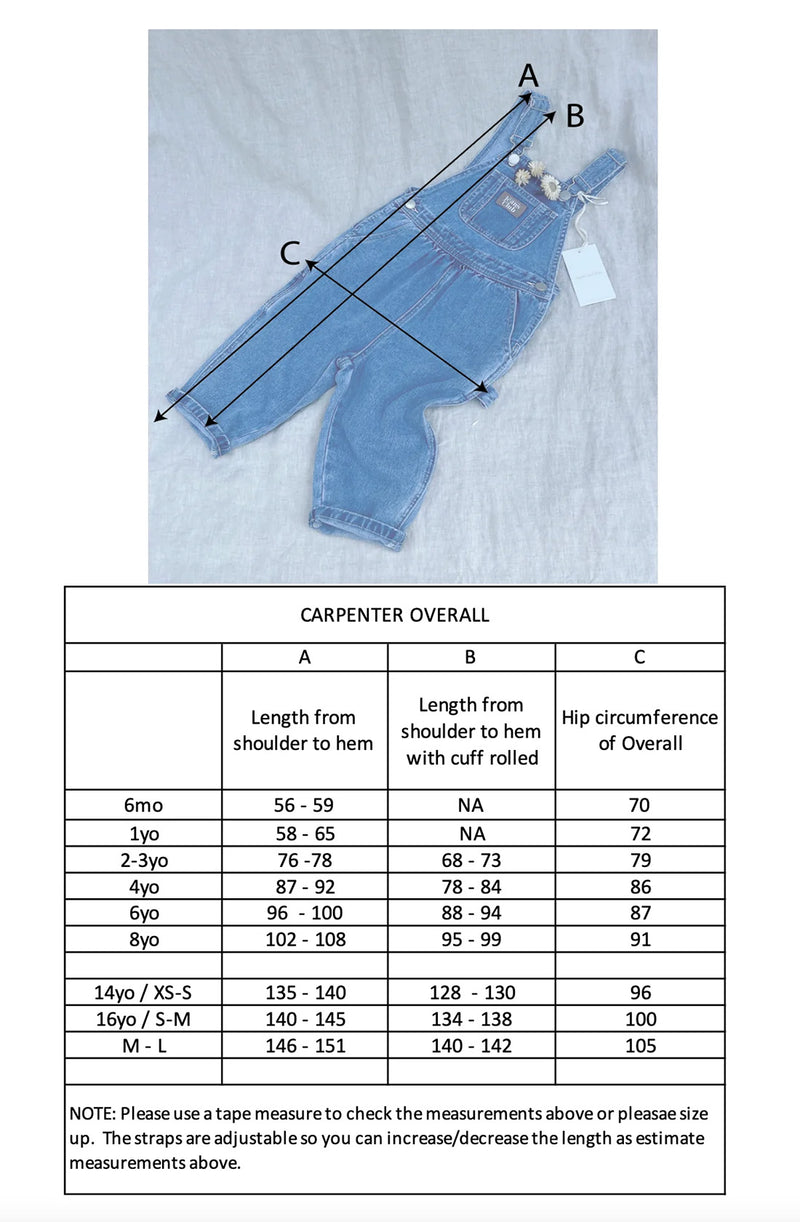 Size chart for Carpenter overalls