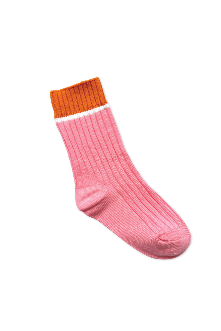 The Fun Socks Jellyfish by SONNY LABEL, featuring a pink ribbed design with an orange cuff and a white stripe, showcases funky details against a plain white background.