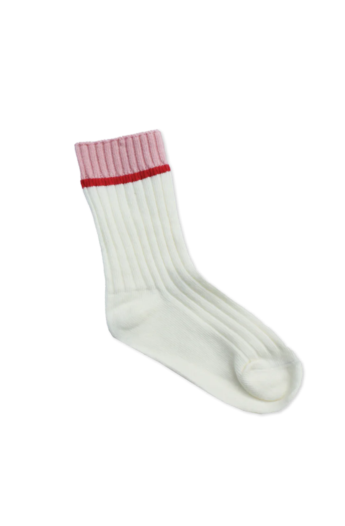 The Fun Socks Pink/Red from SONNY LABEL is a single white crew sock with a ribbed texture and features a pink and red striped cuff at the top. The sock is displayed upright to showcase its front side and vibrant details.