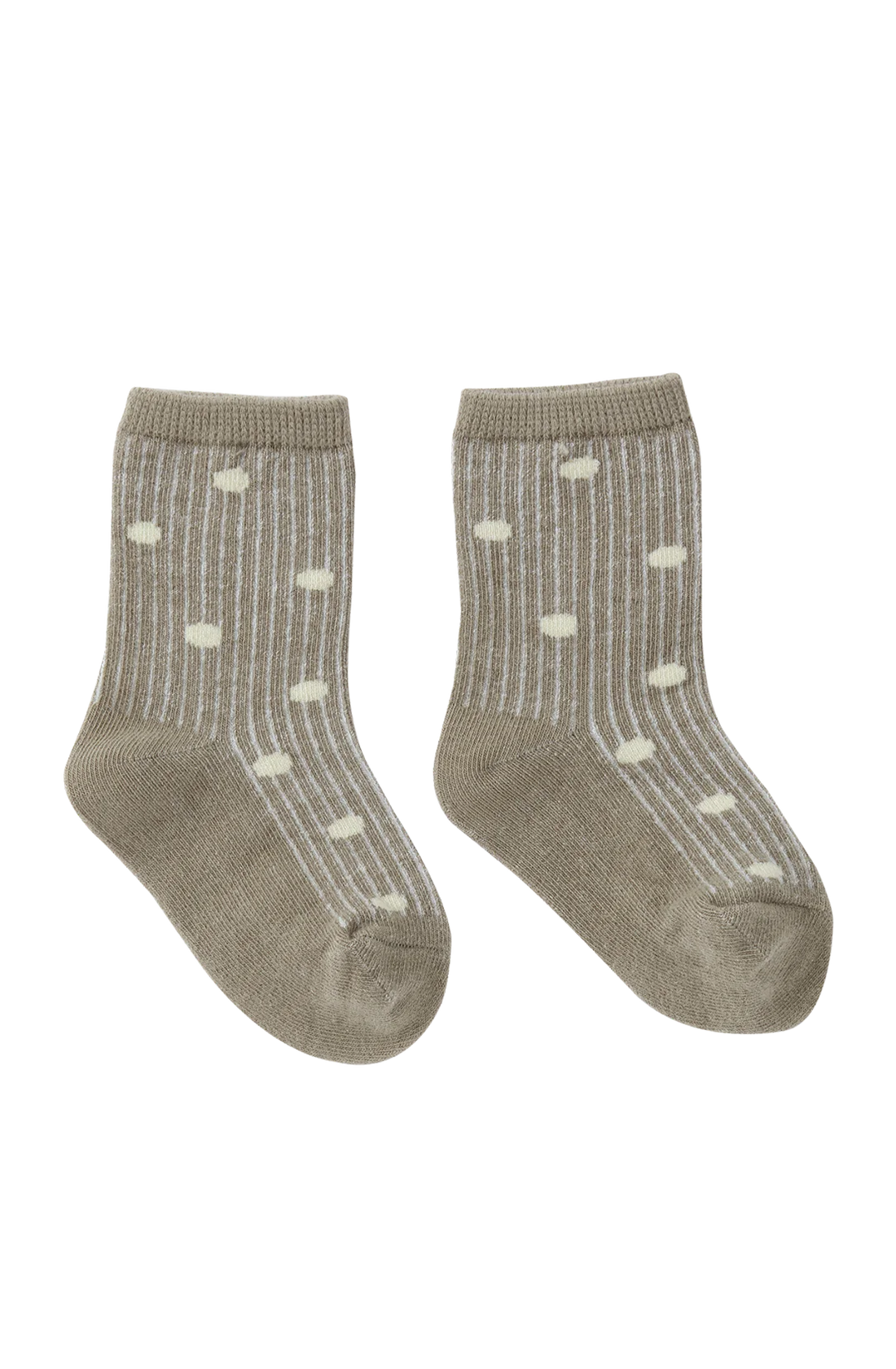 The SUSUKOSHI Socks Dots are a pair of children's ribbed, unisex fit socks in beige, highlighted with a subtle striped pattern interspersed with small cream-colored rectangular designs. Made from a soft cotton blend, they are showcased side by side on a plain white background.