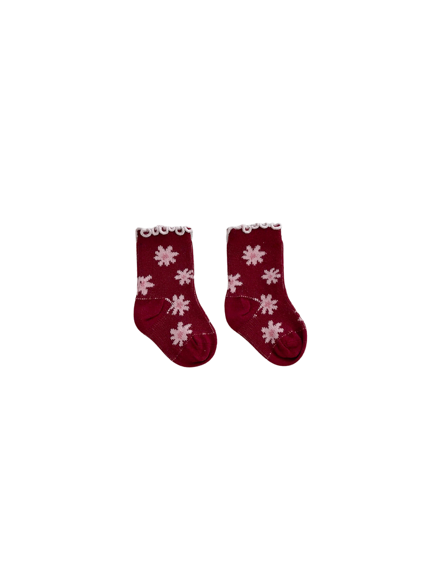 ZIGGY LOU's Ziggy Lou - Socks Lola (Plum) are frill hem socks with white snowflake patterns and a scalloped trim, shown on a black background.