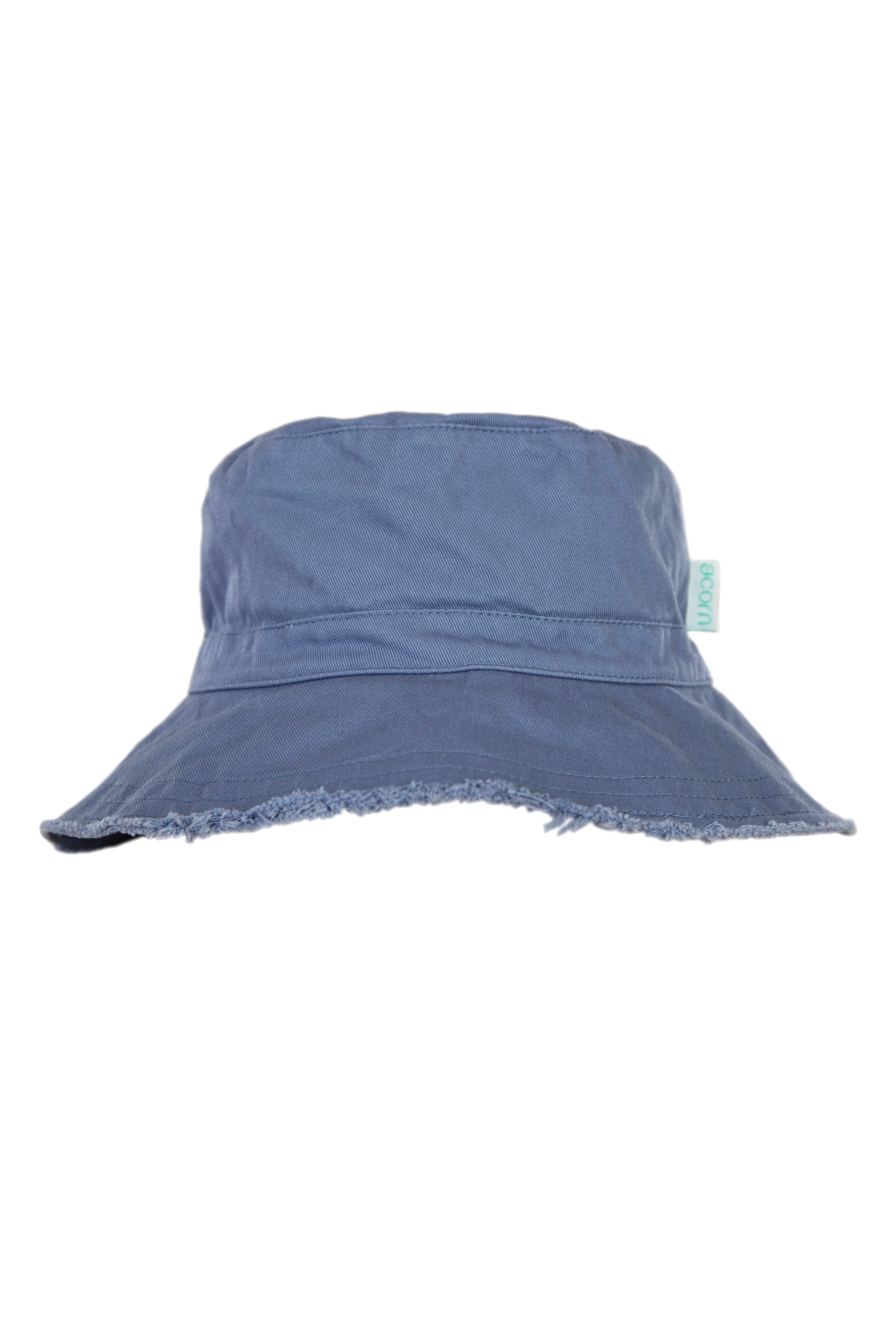 The Frayed Bucket Hat Blue by ACORN KIDS is a blue denim bucket hat featuring a frayed edge and a small green tag on the side. Made of durable cotton twill, it offers UPF50+ sun protection while maintaining its simple design.