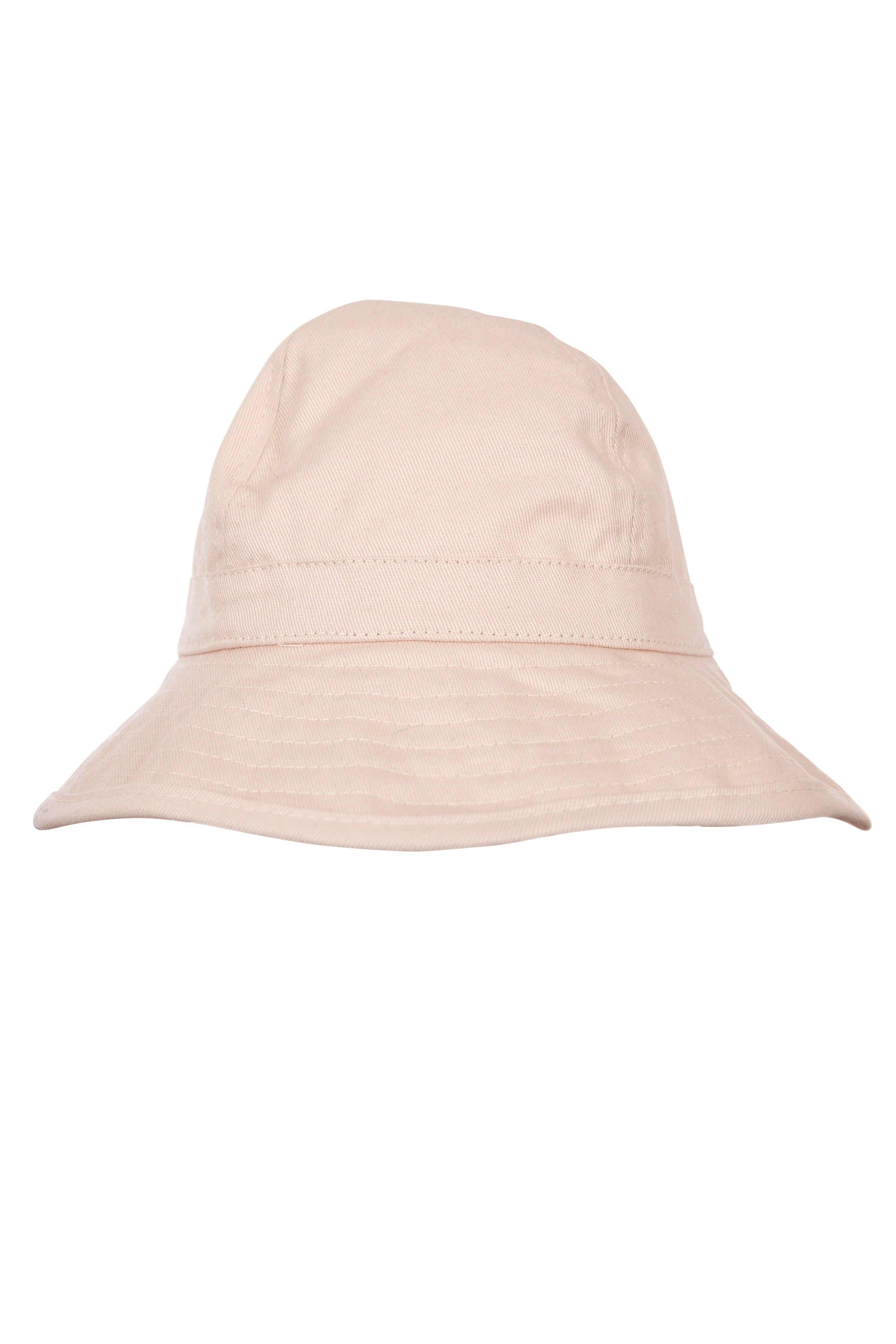 The Wide Brim Infant Hat Vanilla by ACORN KIDS is a beige, cotton canvas bucket hat for infants. It features a simple design with a round crown and downward-sloping brim, offering UPF50+ sun protection. The hat appears plain with no visible patterns or logos and is set against a white background.