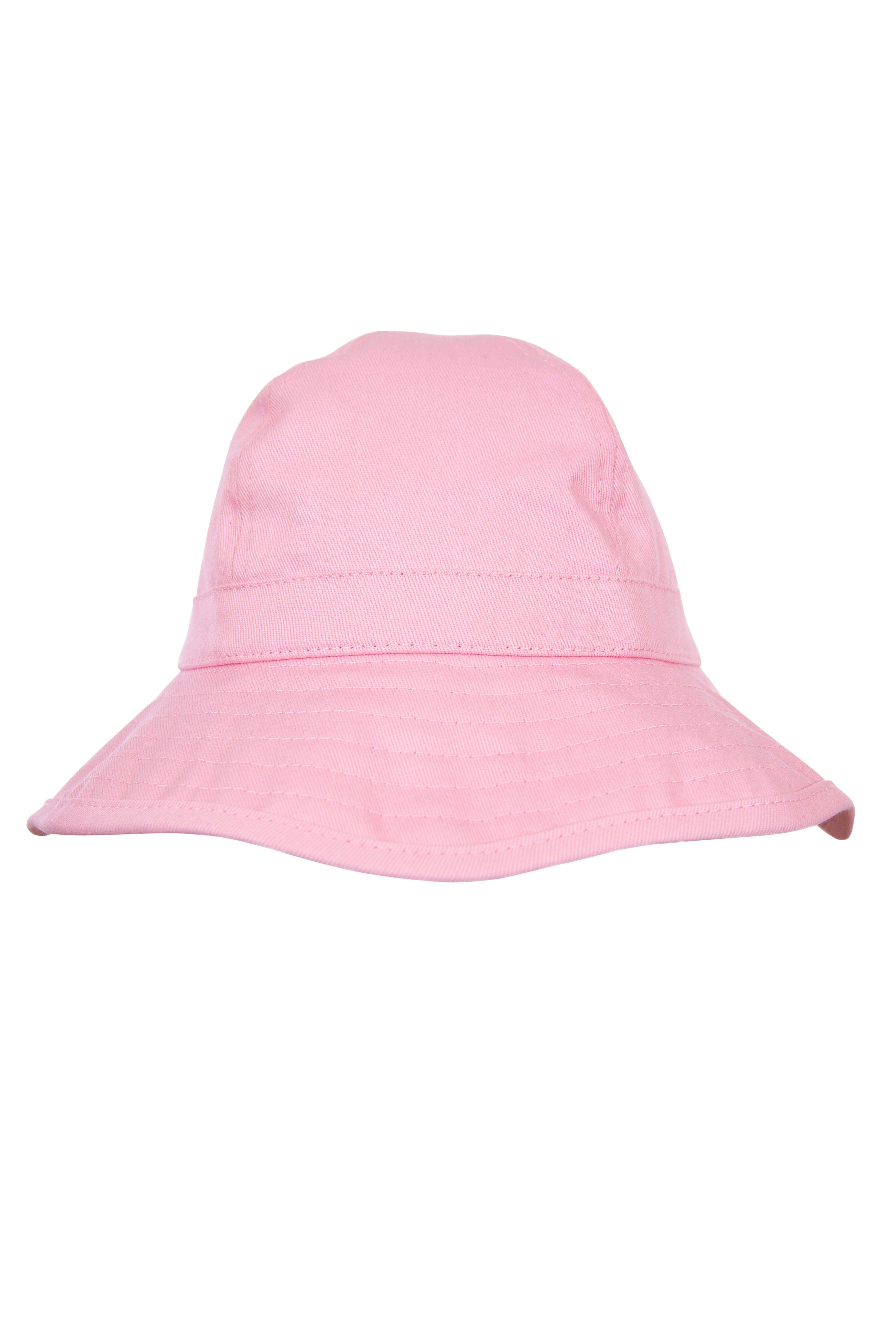 The ACORN KIDS Wide Brim Infant Hat Pink is a light pink bucket hat crafted from smooth cotton canvas, featuring a wide, downward-sloping brim for sun protection. The hat includes a seam around the base of the crown and is showcased against a plain white background.