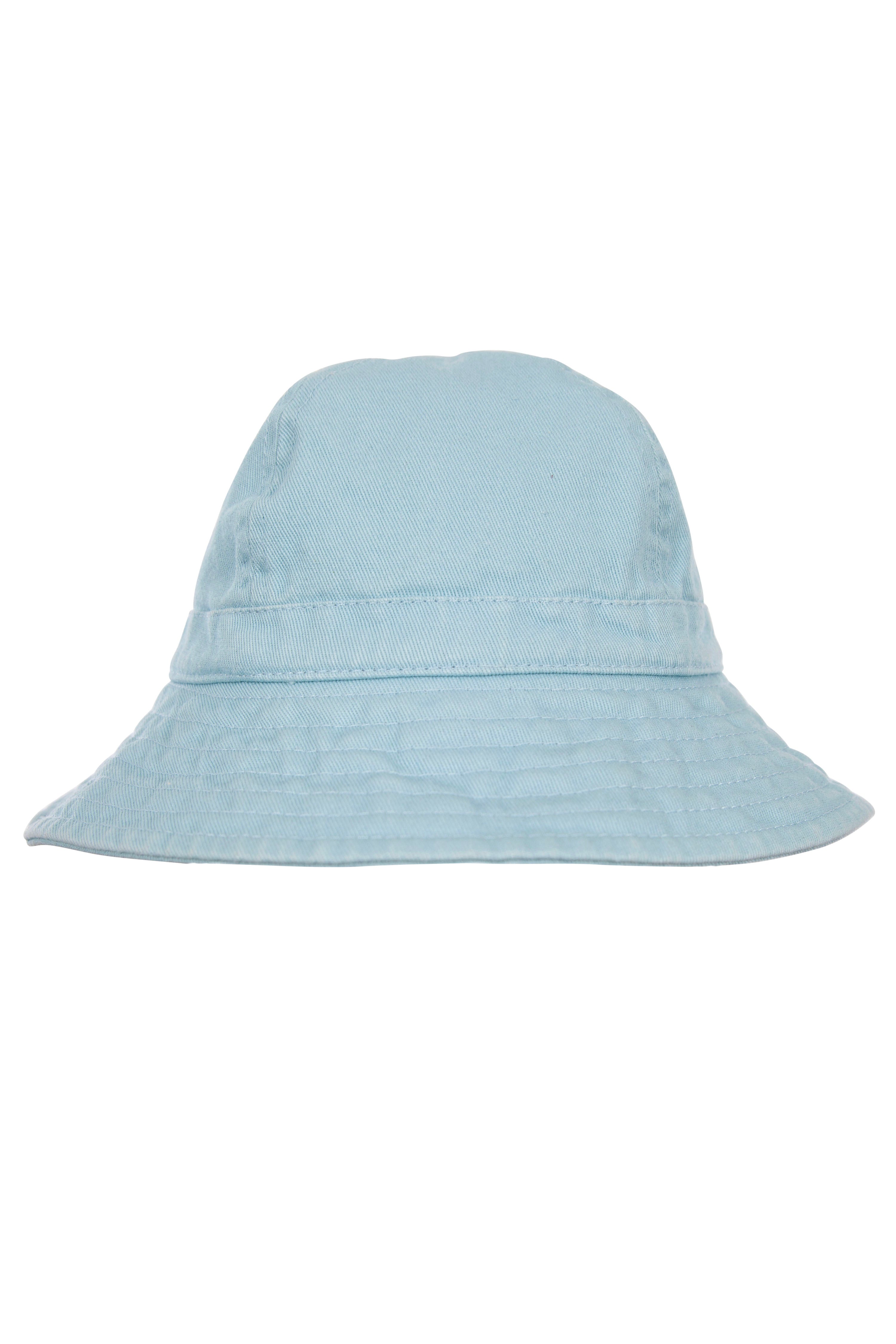 The ACORN KIDS Wide Brim Infant Hat in blue is crafted from soft cotton canvas and features a wide, slightly downward-sloping brim along with a rounded crown. Visible stitching accents both the brim and the base of the crown. Designed specifically for infants, this hat provides UPF50+ sun protection against harmful UV rays, set against a plain white background.