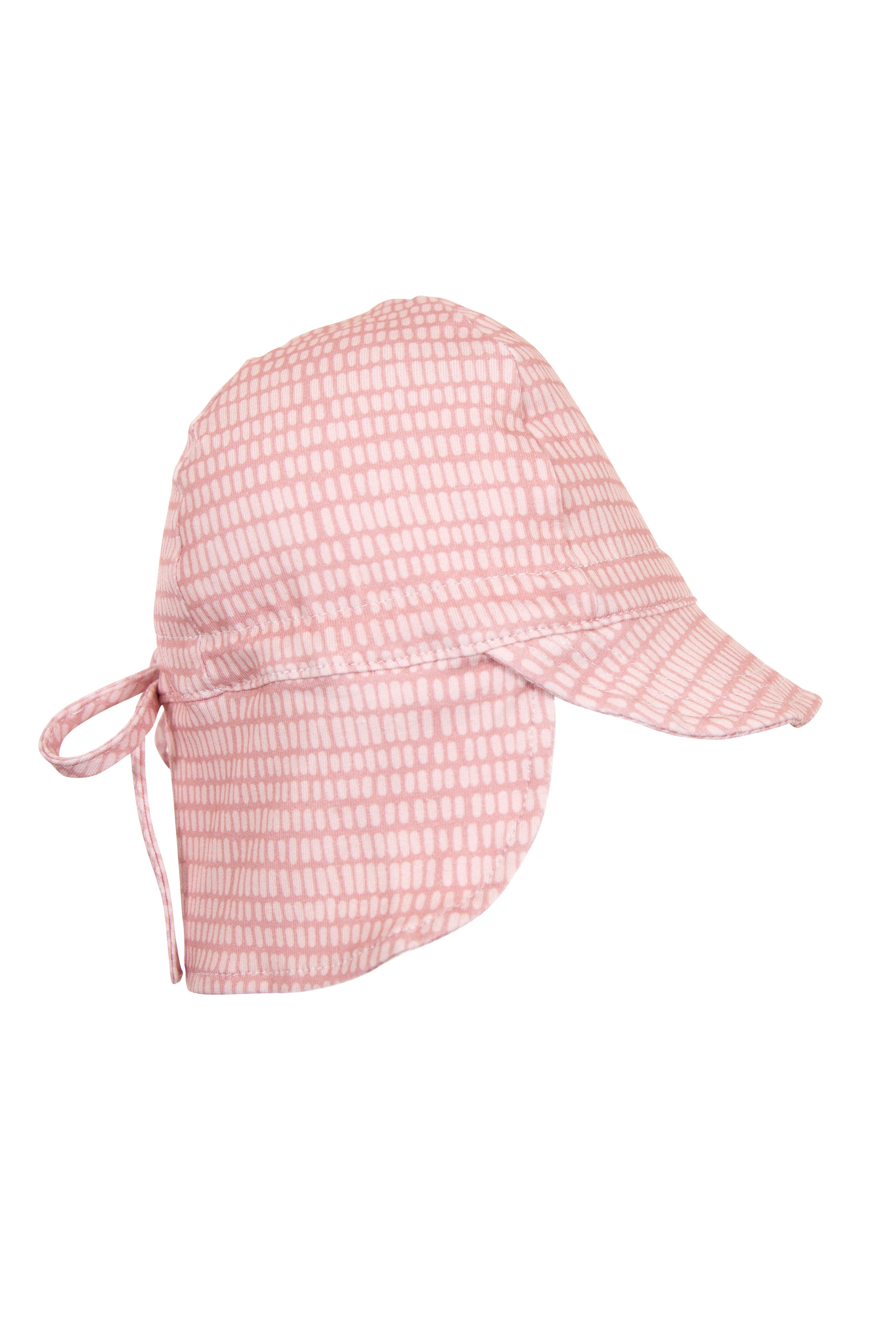 Presenting the ACORN KIDS Rose Dashes Flap Hat: a side-view pink sun hat featuring rose-colored dashes. Made from cotton jersey fabric, it includes a wide brim, a protective flap at the back, and an adjustable tie, providing UPF50+ protection for peace of mind.