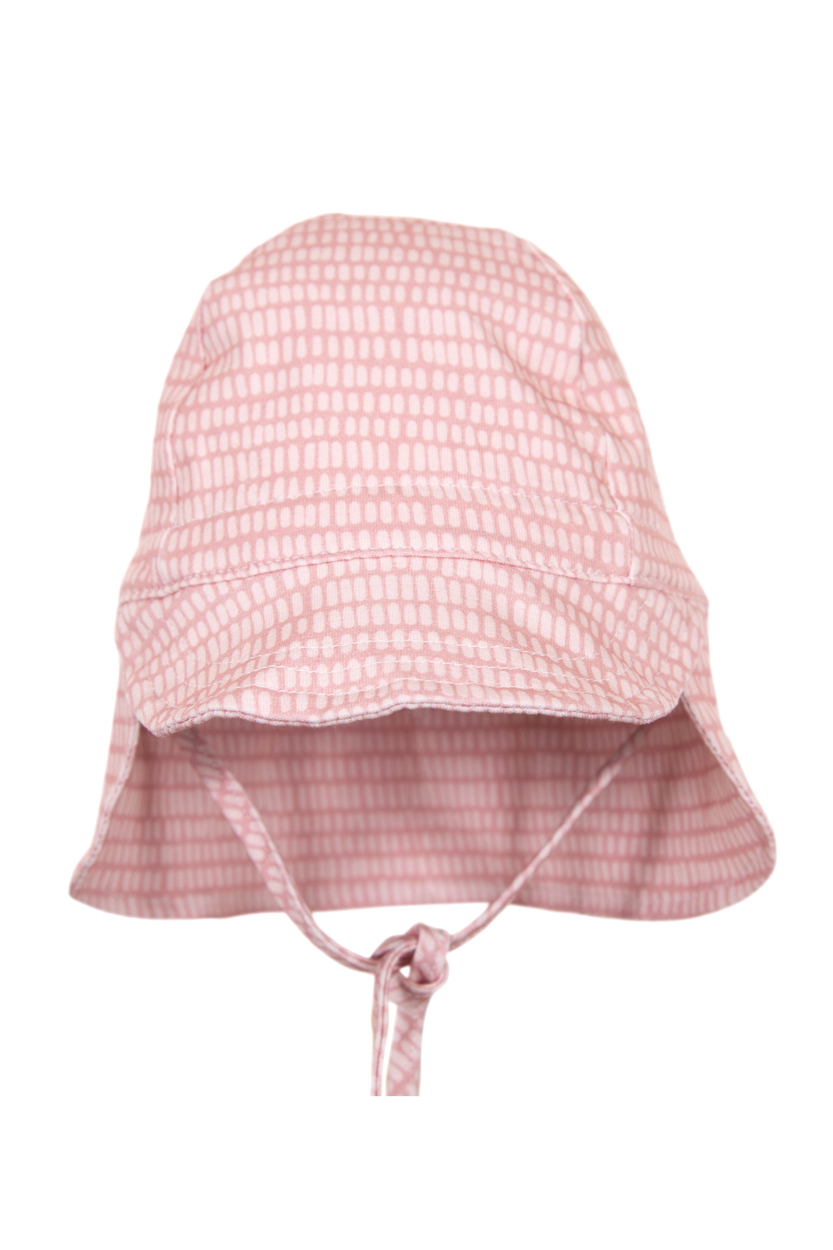 ACORN KIDS' Dashes Flap Hat in Rose is crafted from soft cotton jersey with a white grid pattern and offers UPF50+ sun protection with its wide brim and adjustable chin straps.