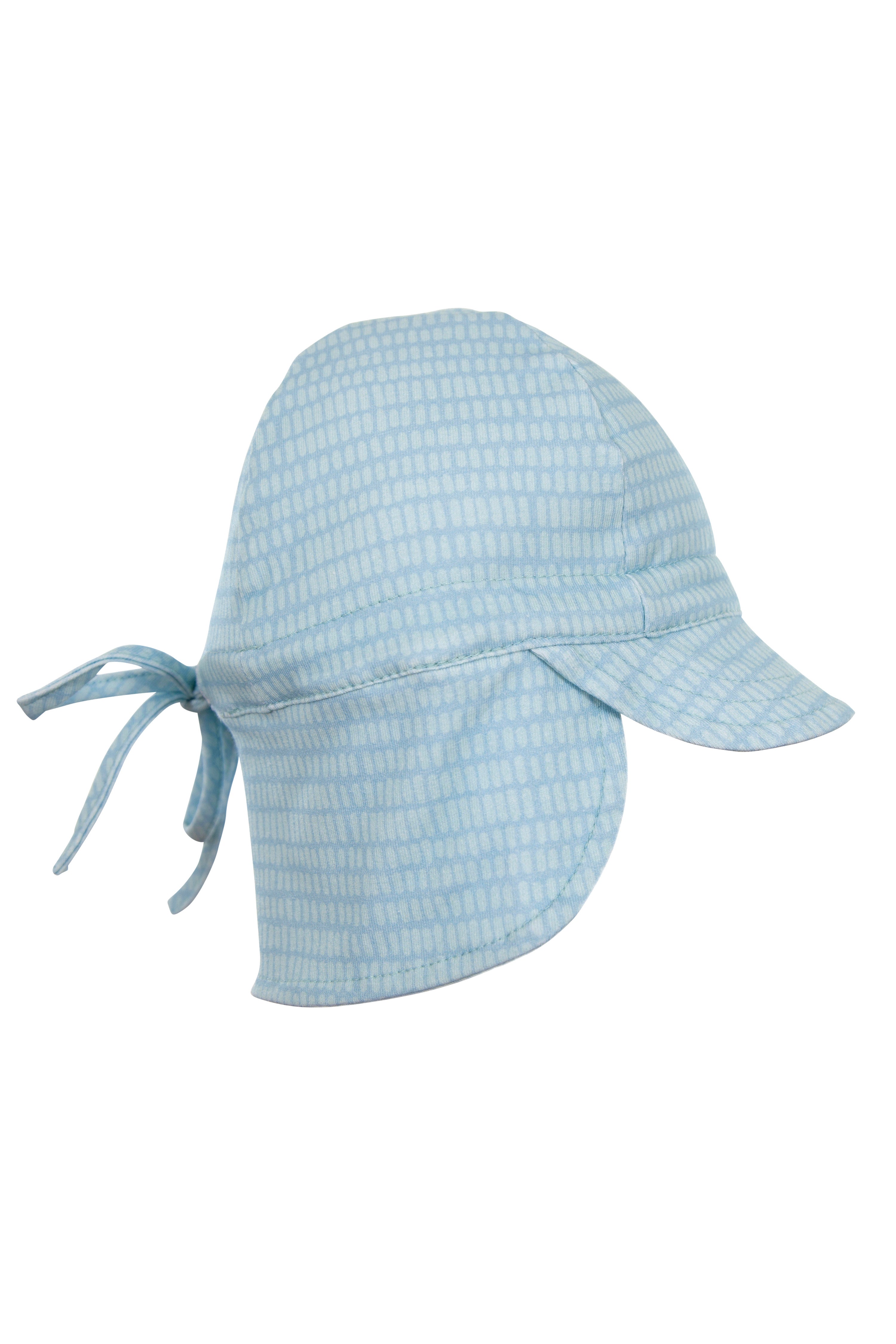 Introducing the Dashes Flap Hat Teal by ACORN KIDS: This sun hat comes in a light blue hue with a subtle checkered pattern and rose-colored dashes print. It boasts a wide brim and a back flap for neck protection. Crafted from 100% cotton jersey, it provides UPF50+ sun protection. A tie attached at the back ensures it stays securely in place. Displayed against a plain white background, this stylish hat is perfect for sunny days.