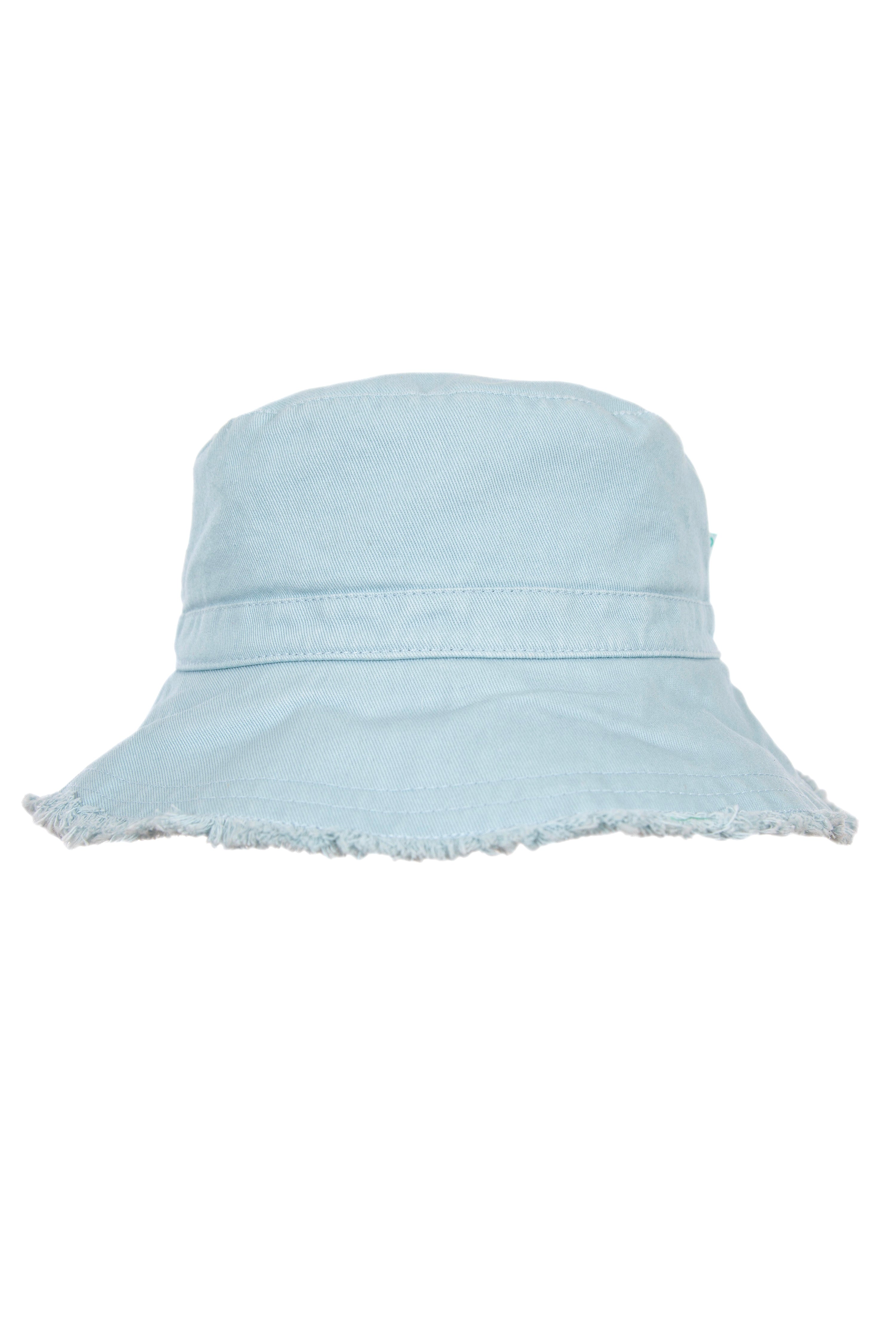 The Frayed Bucket Hat Seafoam by ACORN KIDS is a light blue cotton twill hat with a distressed edge, displayed against a white background, and provides UPF50+ sun protection.