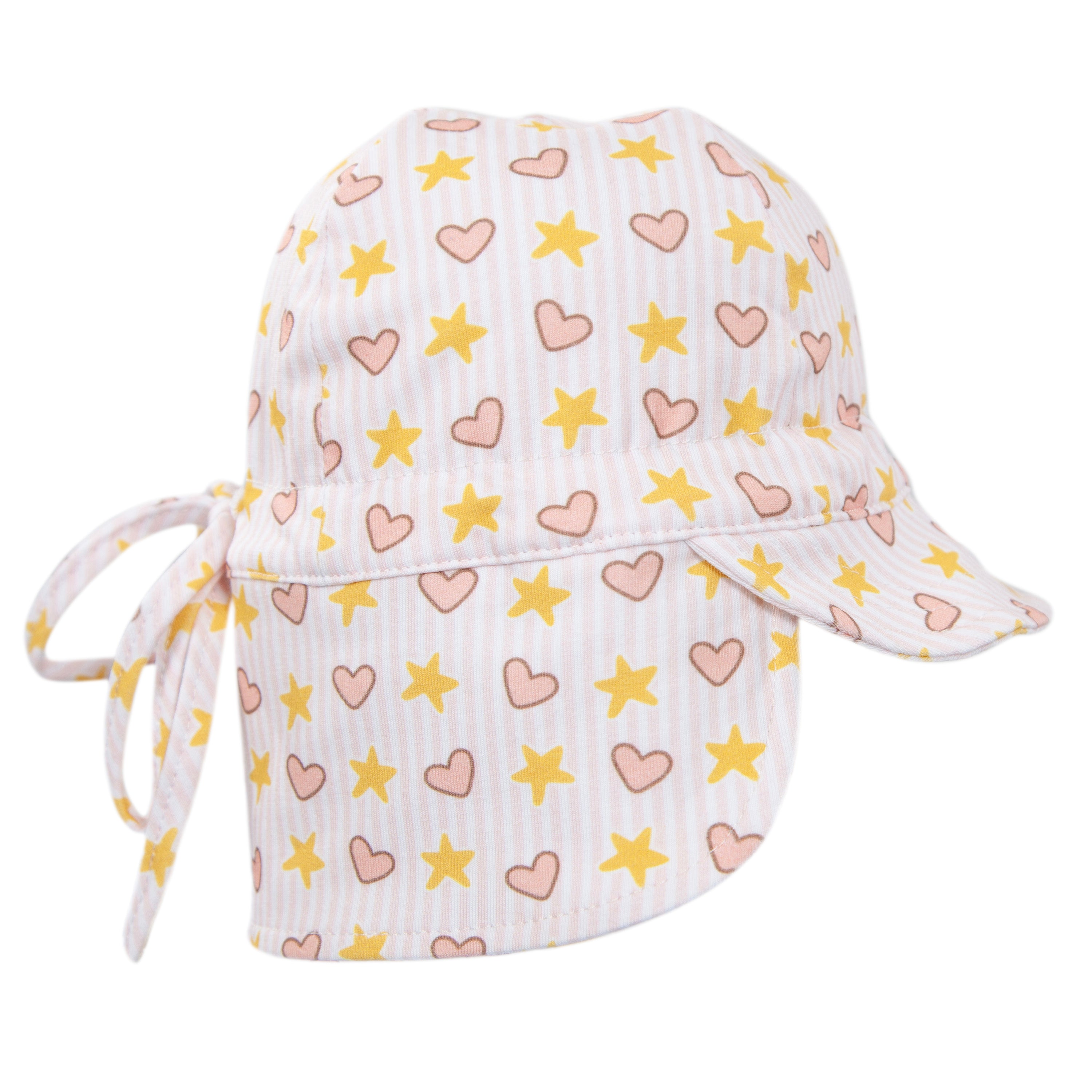 The ACORN KIDS Love and Stars Flap Hat is a white cotton jersey cap with a long neck flap, visor, and UPF50+ sun protection. Decorated with yellow stars and pink hearts, it features an adjustable back tie for comfort.