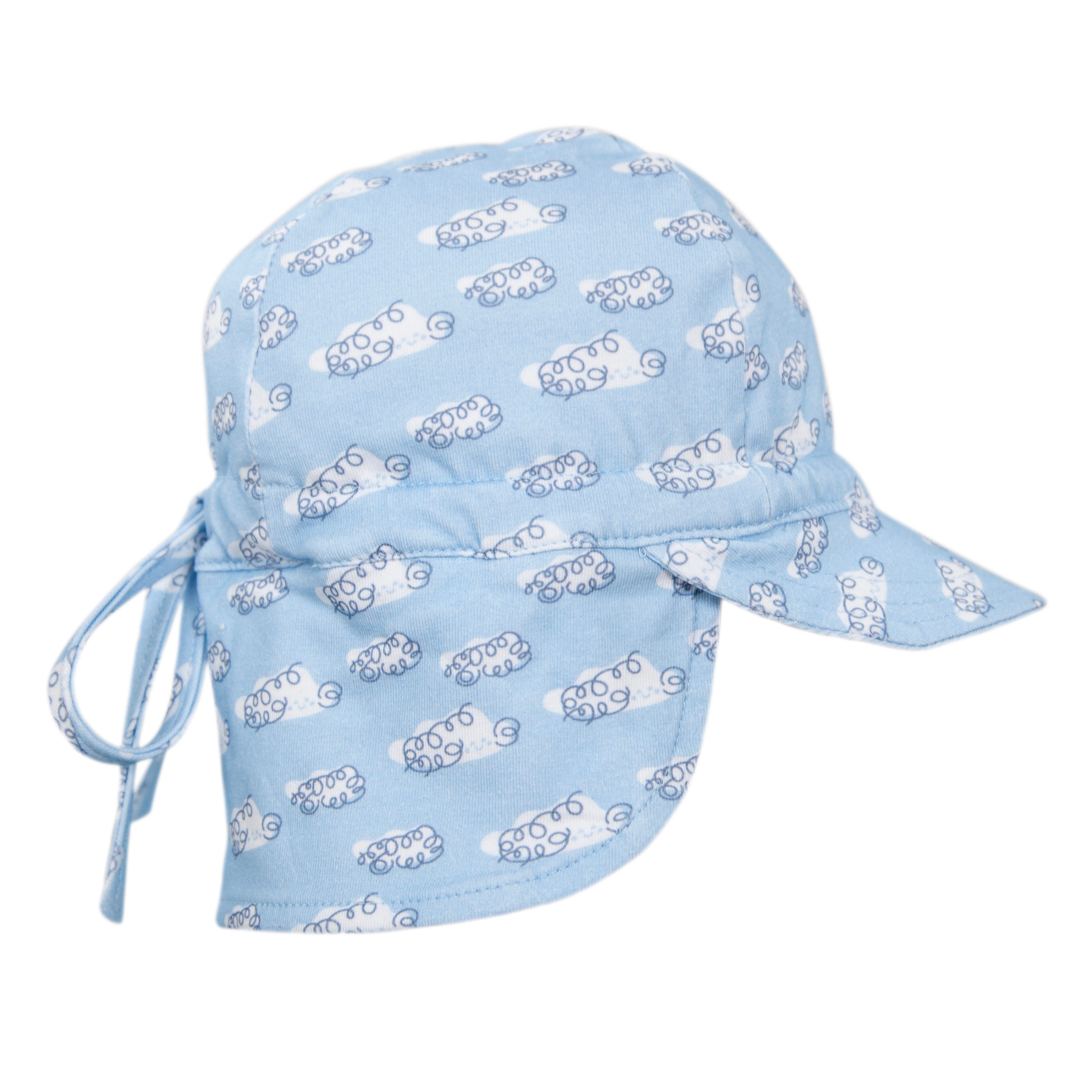 The Acorn Kids - Clouds Flap Hat by ACORN KIDS is a light blue cotton jersey cap for children with a neck flap, back tie, white and navy cartoon sheep print, and UPF50+ sun protection for safe outdoor play.