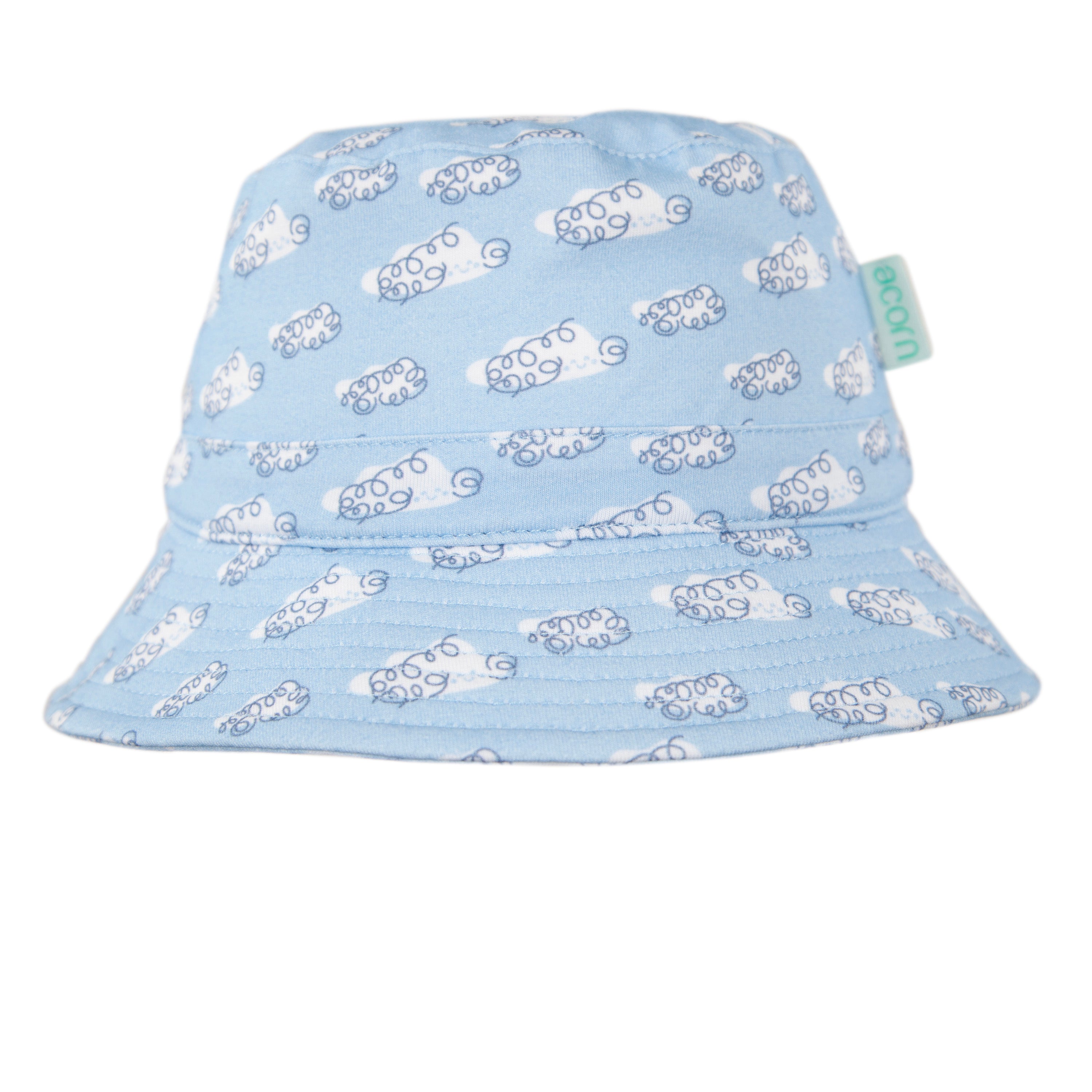 The ACORN KIDS Acorn Kids - Clouds Stretch Cotton Wide Brim Sunhat is light blue with a sheep print, a small green side tag, and delivers UPF50+ sun protection.