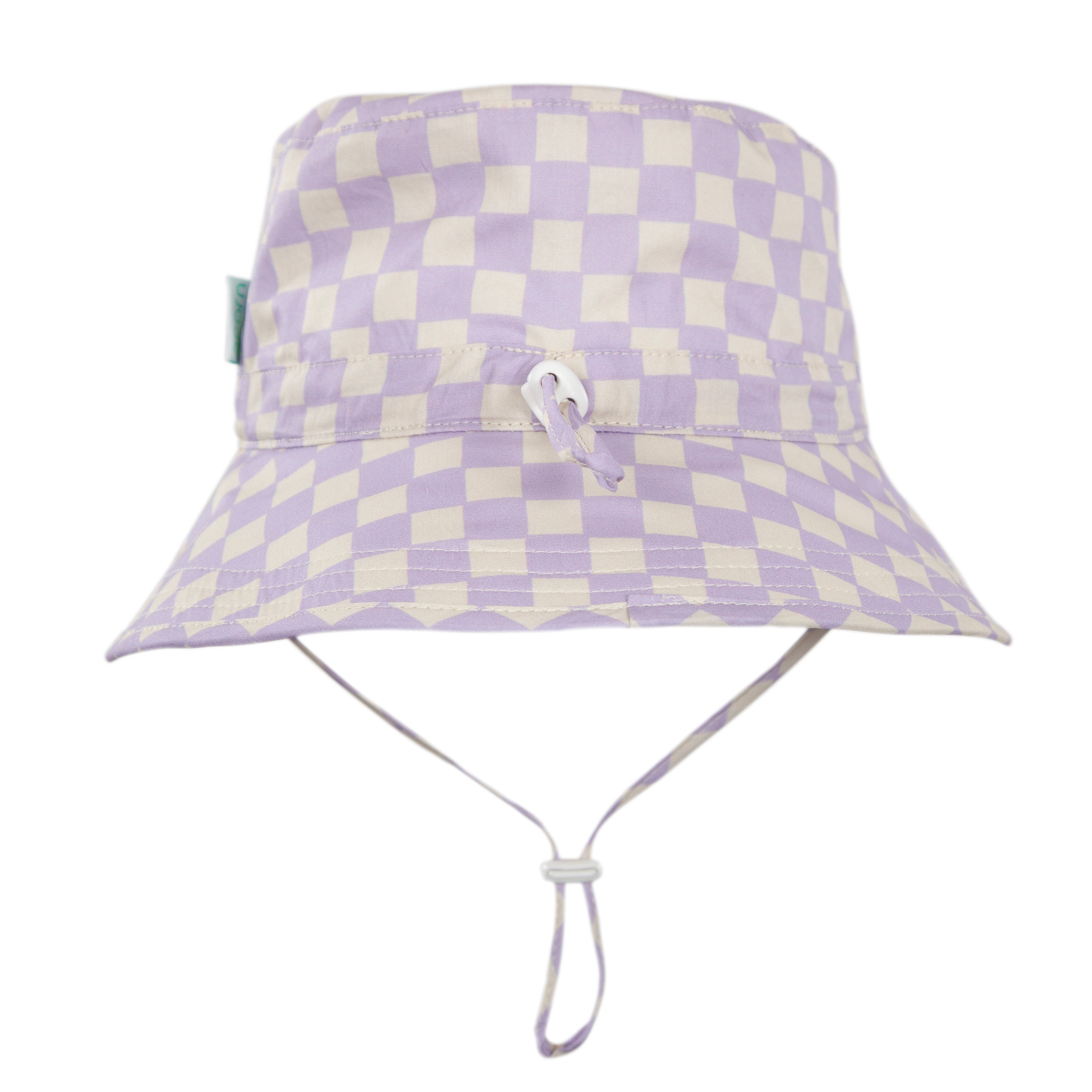 The Acorn Kids - Lavender Checks Broad Brim Bucket Hat by ACORN KIDS features a lavender check print, adjustable chin strap with toggle, and UPF50+ sun protection for stylish comfort in the sun.