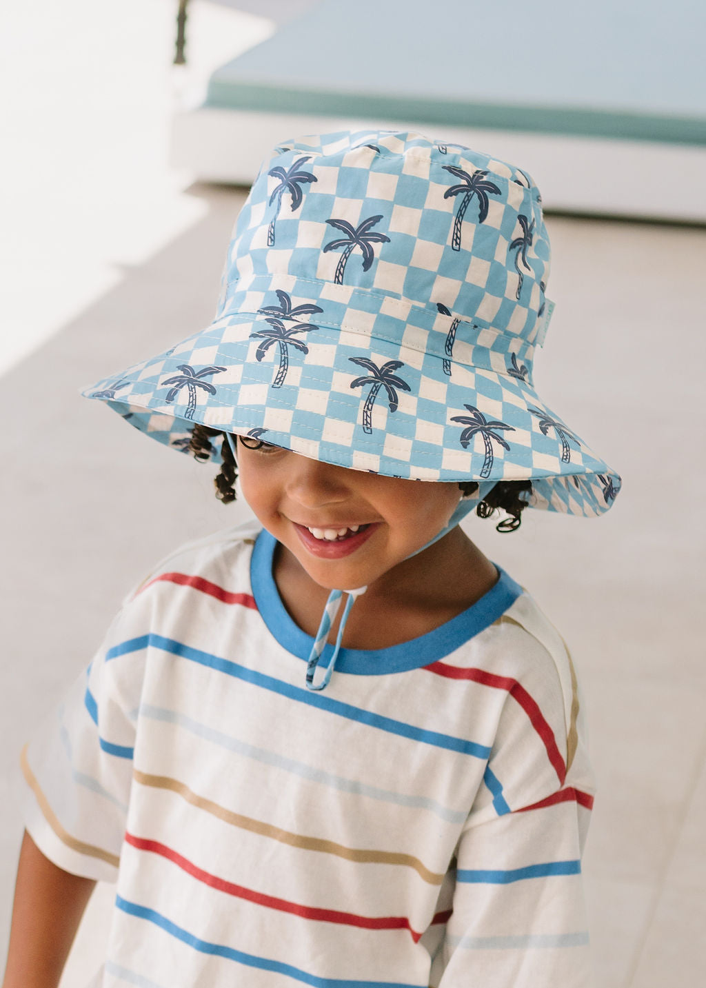 Acorn Kids - Blue Checked Palms Wide Brim Bucket Hat