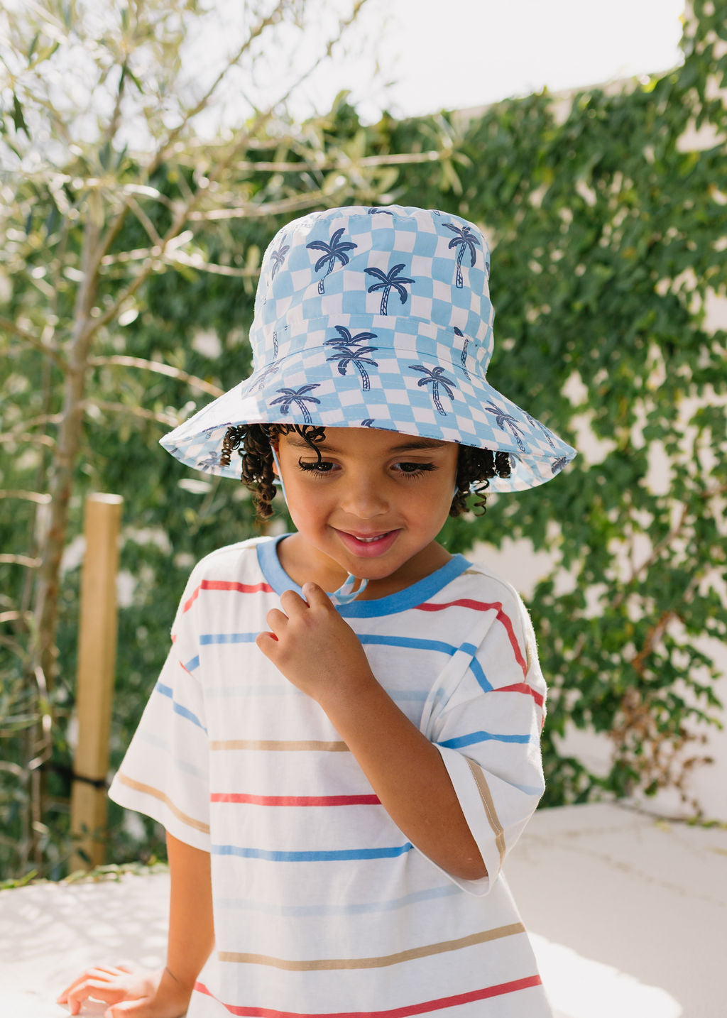 Acorn Kids - Blue Checked Palms Wide Brim Bucket Hat