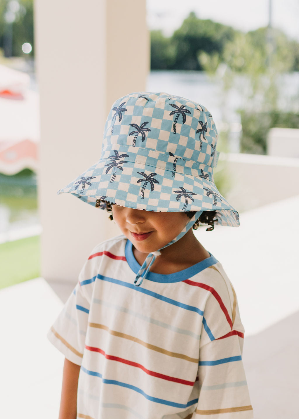 Acorn Kids - Blue Checked Palms Wide Brim Bucket Hat