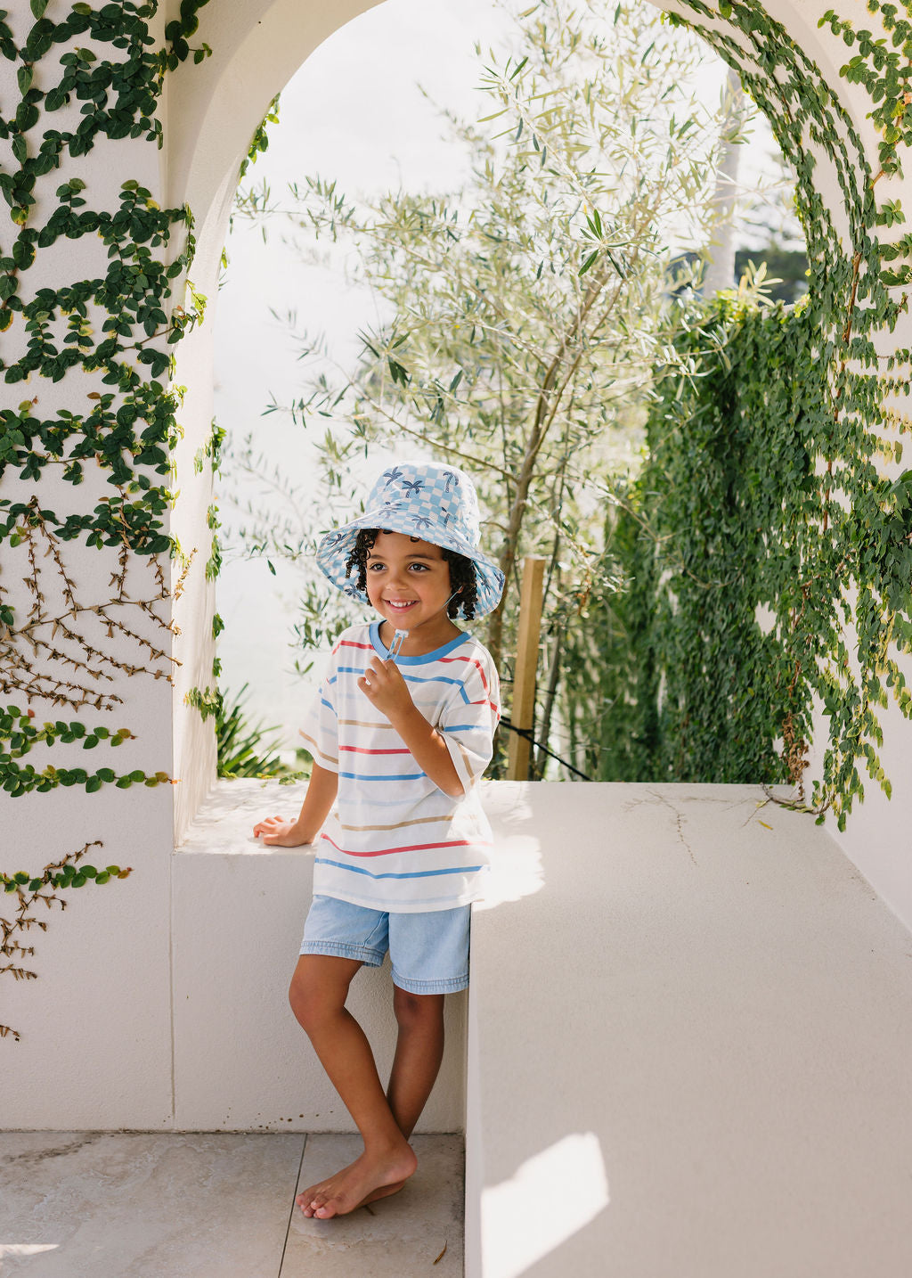 Acorn Kids - Blue Checked Palms Wide Brim Bucket Hat