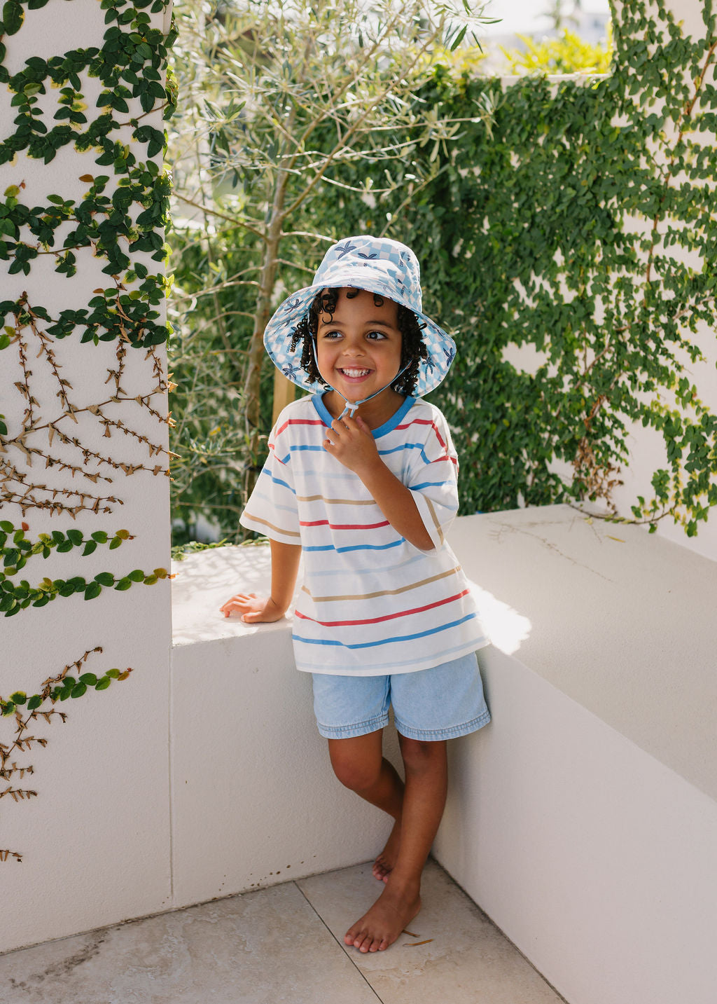 Acorn Kids - Blue Checked Palms Wide Brim Bucket Hat