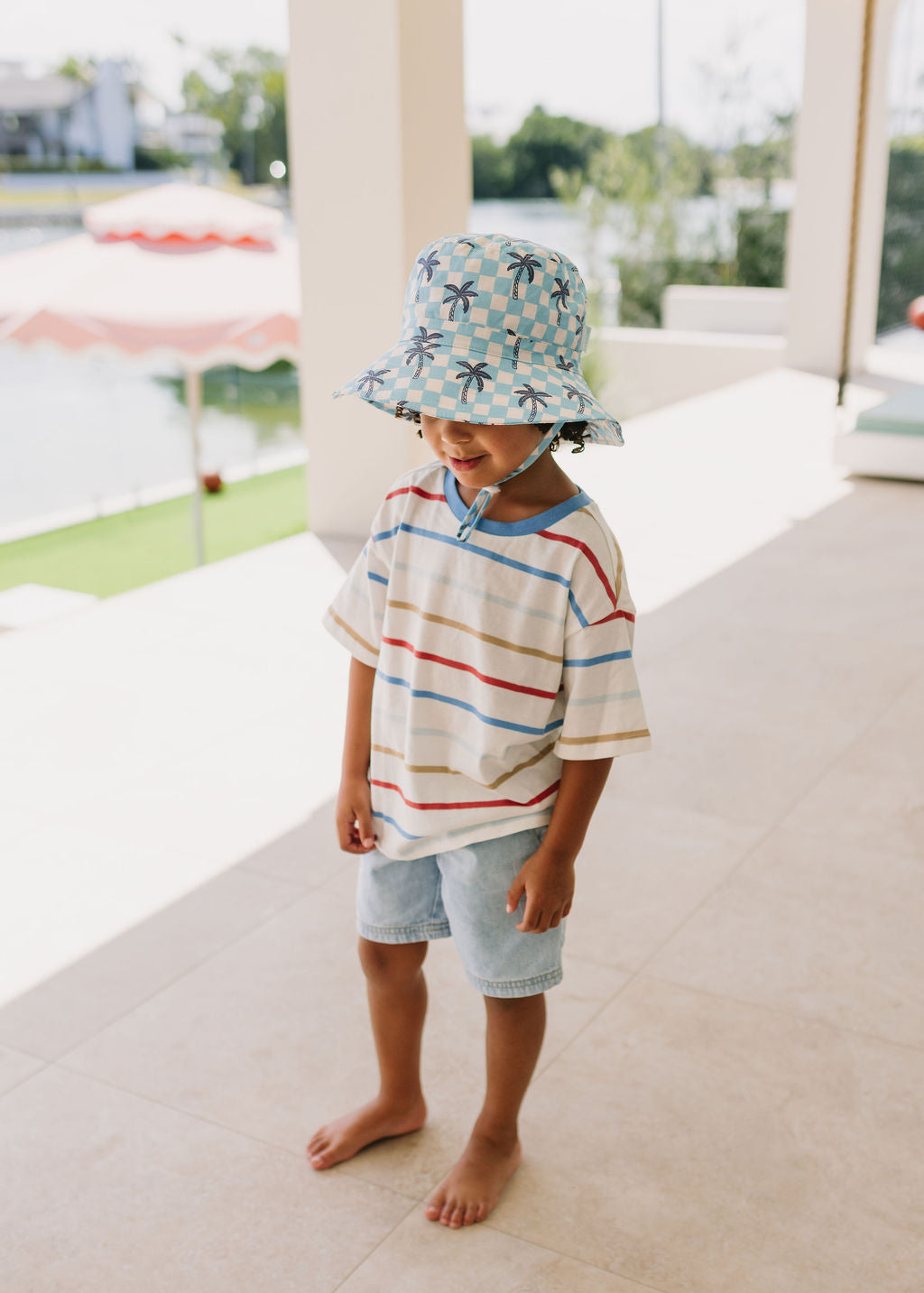 Acorn Kids - Blue Checked Palms Wide Brim Bucket Hat