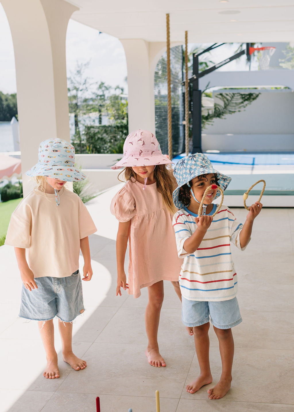 Acorn Kids - Blue Checked Palms Wide Brim Bucket Hat