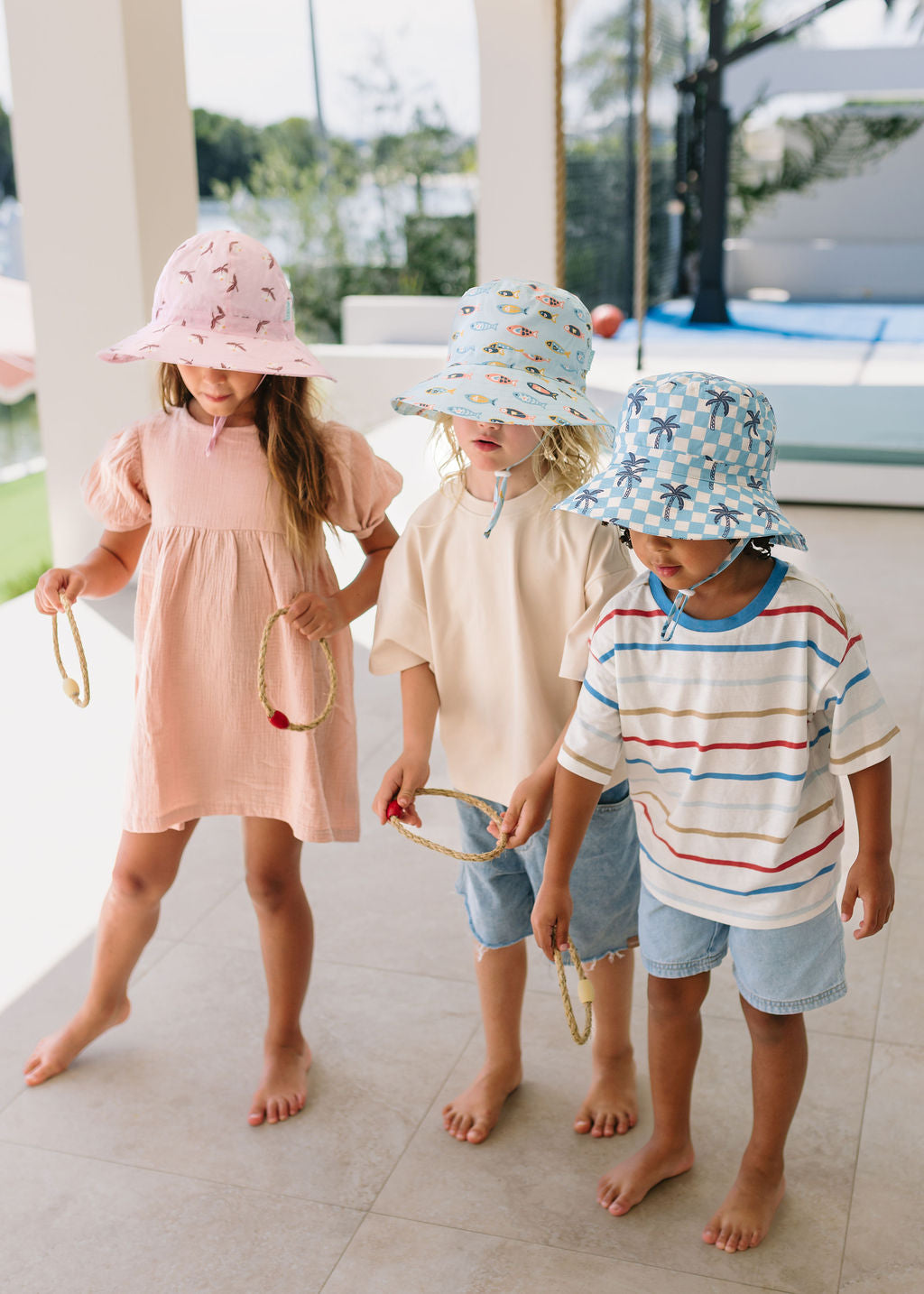 Acorn Kids - Blue Checked Palms Wide Brim Bucket Hat