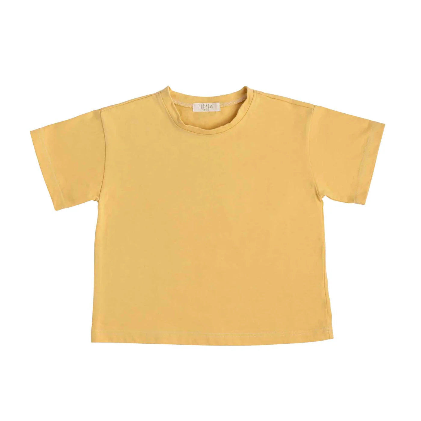 The Little Lou Tee Pomello by LITTLE THE LABEL, a 100% cotton short-sleeve children's shirt in plain yellow, is displayed flat on a white background.