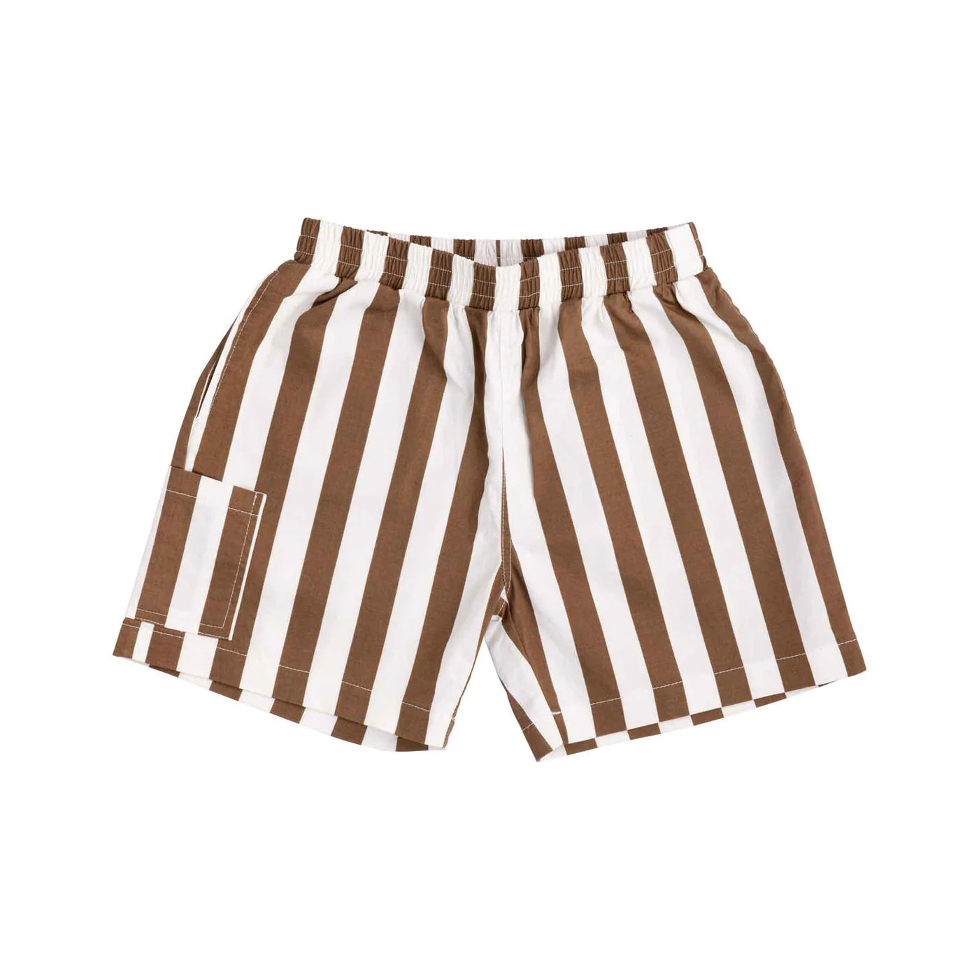 The Tei Shorts by LITTLE THE LABEL are boys' cotton poplin shorts in brown and white stripes, featuring an elastic waistband and a side pocket.