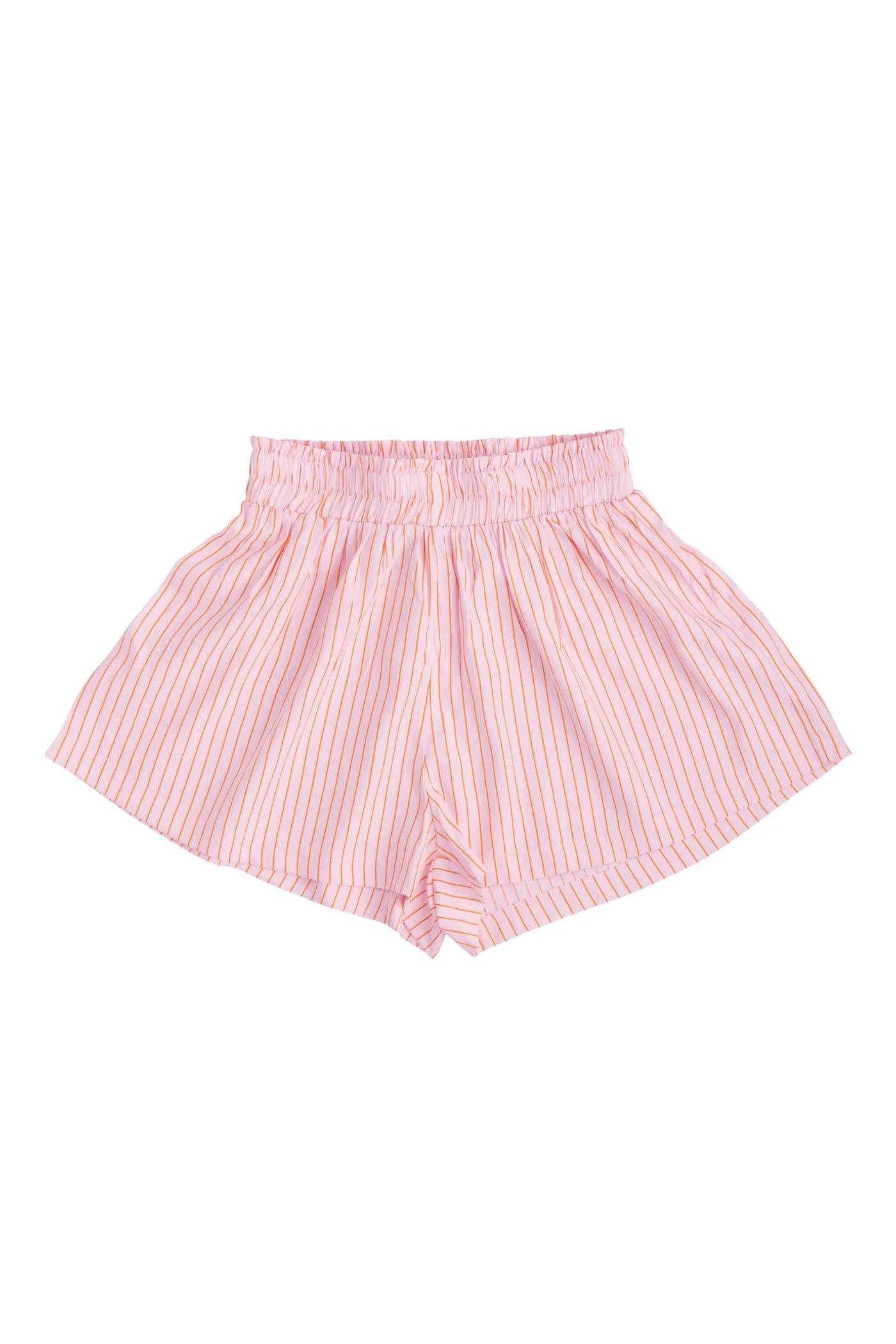 Experience the charm of LITTLE THE LABEL with Mama Everyday Shorts Sunset Stripe. These shorts feature pink and white stripes with a ruffled, elastic waistband, blending effortless style and comfort into one delightful package.