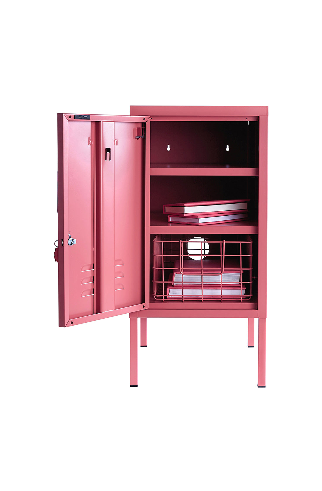 The shorty (to the left) locker in berry with open door.