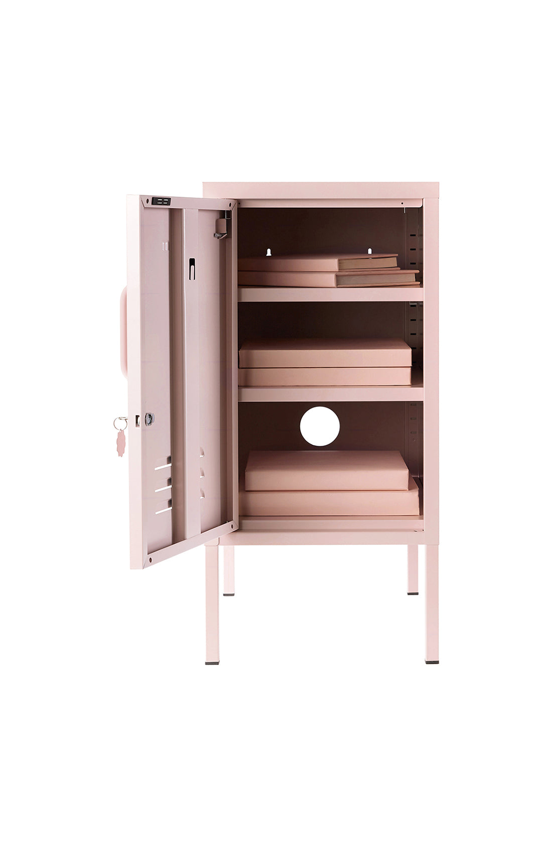 The shorty (to the left) locker in blush with door open.